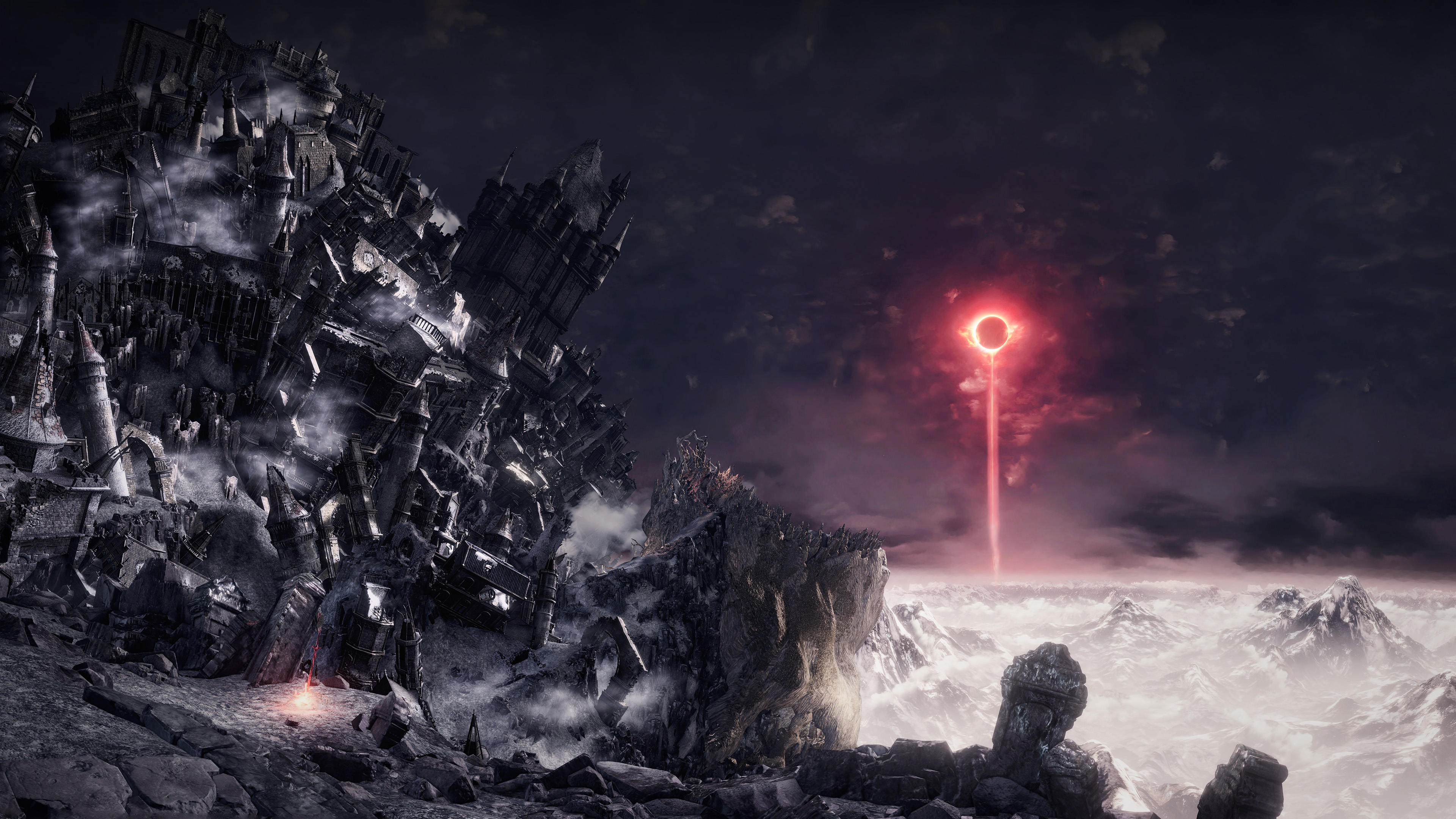 bleeding Darksign eclipse, Kiln of the First Flame, collapsed Lothric castle ruins, 4K Desktop wallpaper