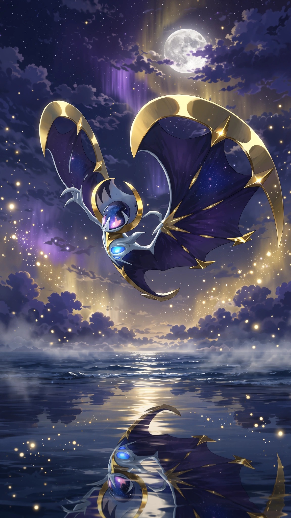 Lunala, Golden crescent wings, Moonlit ocean reflection, Alola, Pokemon Sun and Moon, HD Phone wallpaper
