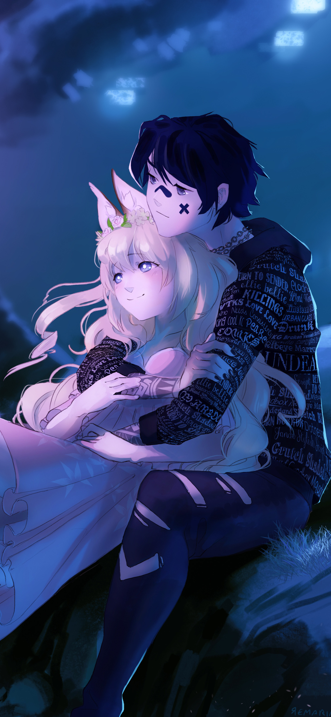 blonde fox-eared girl, black-haired boy in hoodie, romantic couple embrace, HD Phone wallpaper
