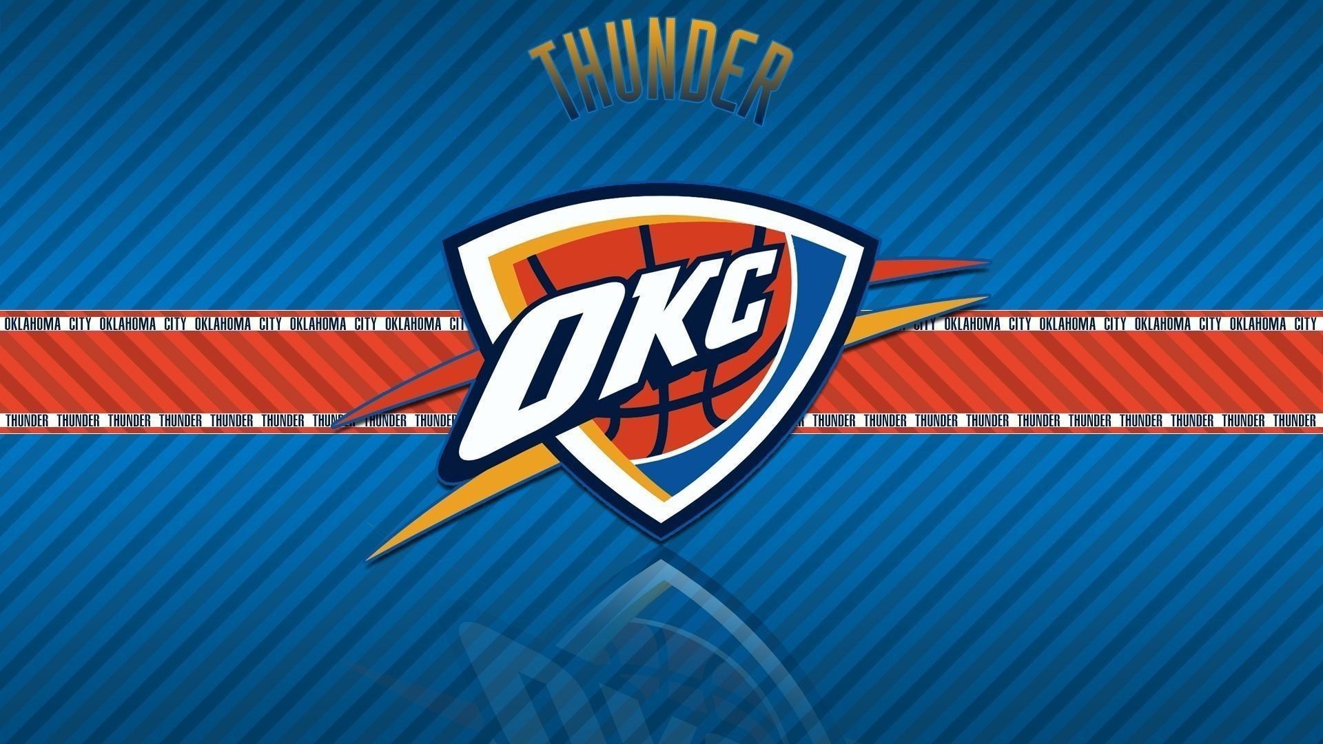 Oklahoma City Thunder logo, Orange banner on stripes, NBA, Full HD Desktop wallpaper