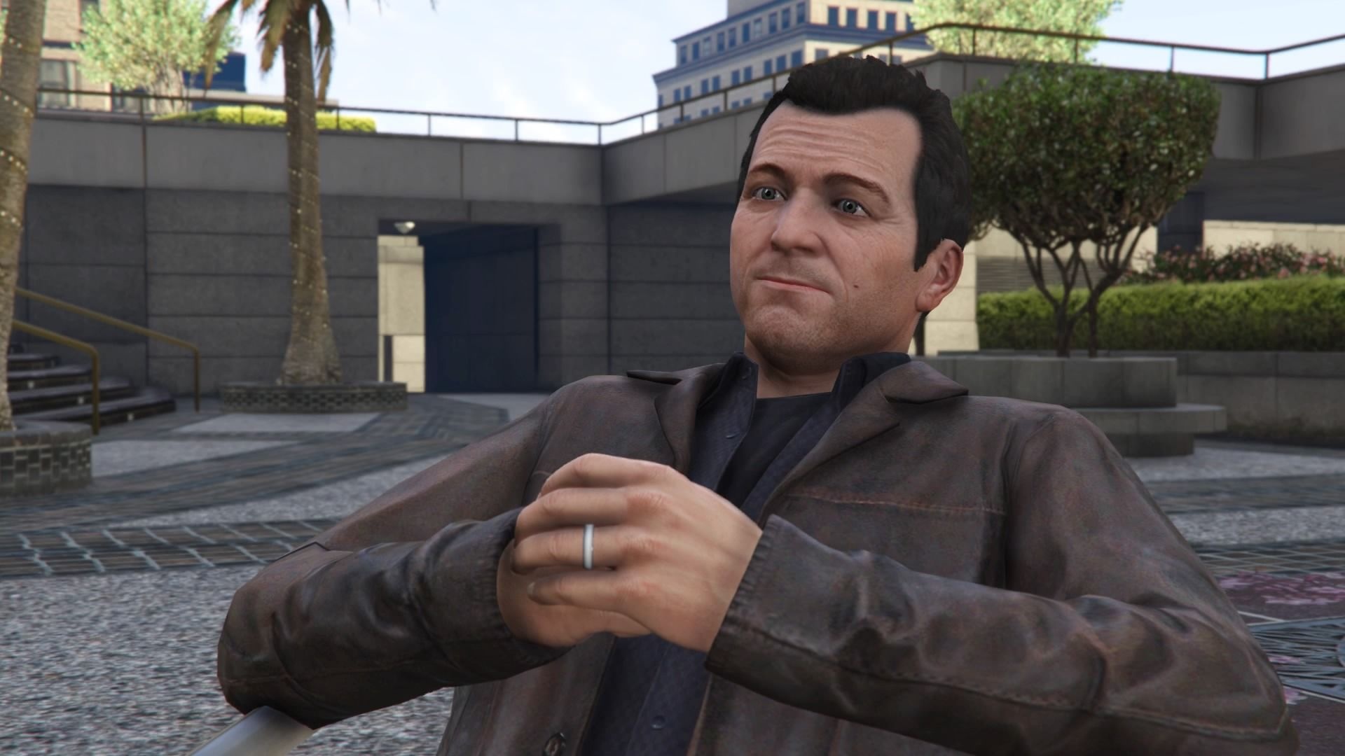 Michael De Santa in leather jacket, Palm-lined city plaza, Grand Theft Auto V render, Full HD Desktop wallpaper