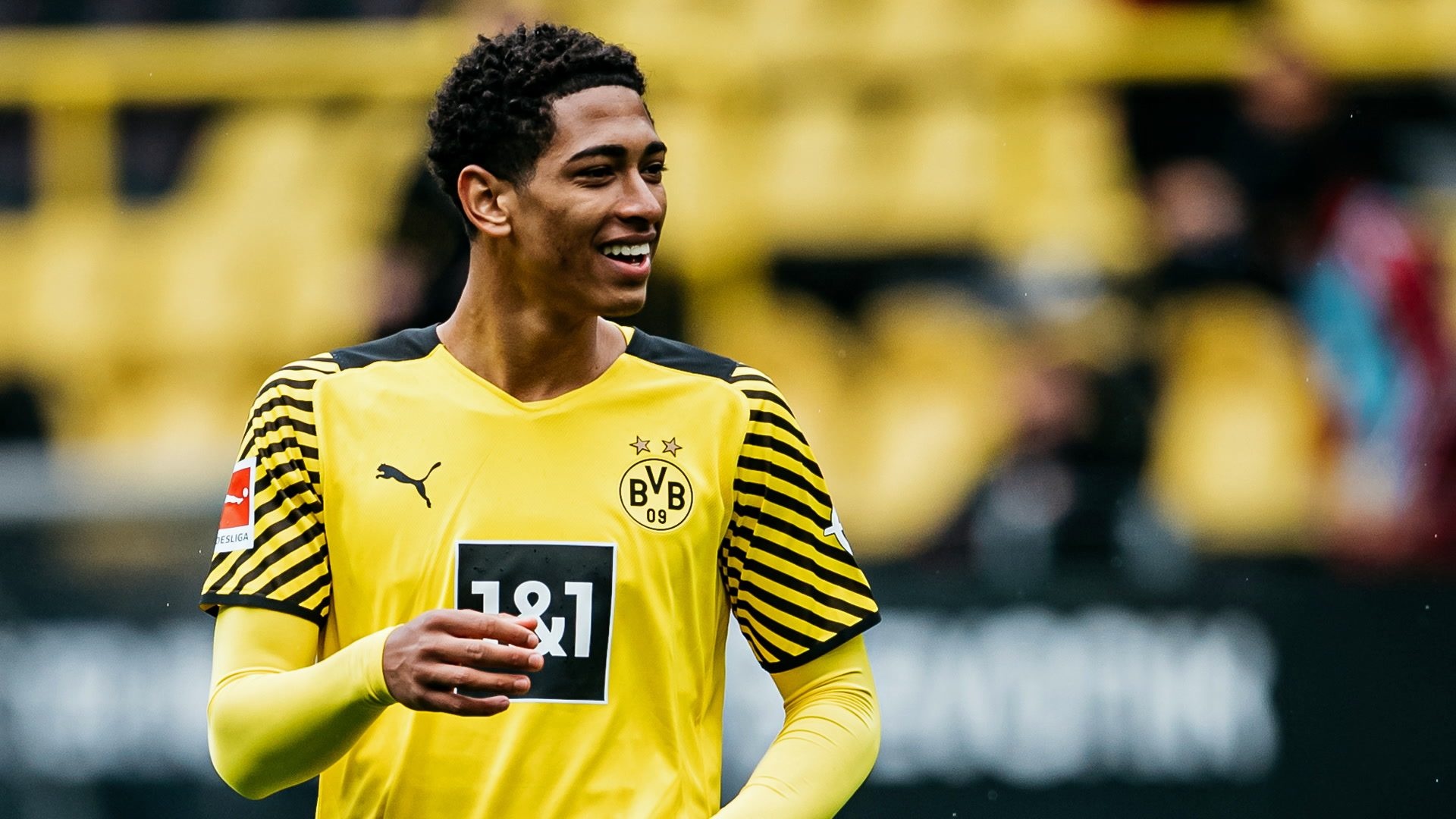 Jude Bellingham, Borussia Dortmund kit, Yellow stadium seating, Full HD Desktop wallpaper