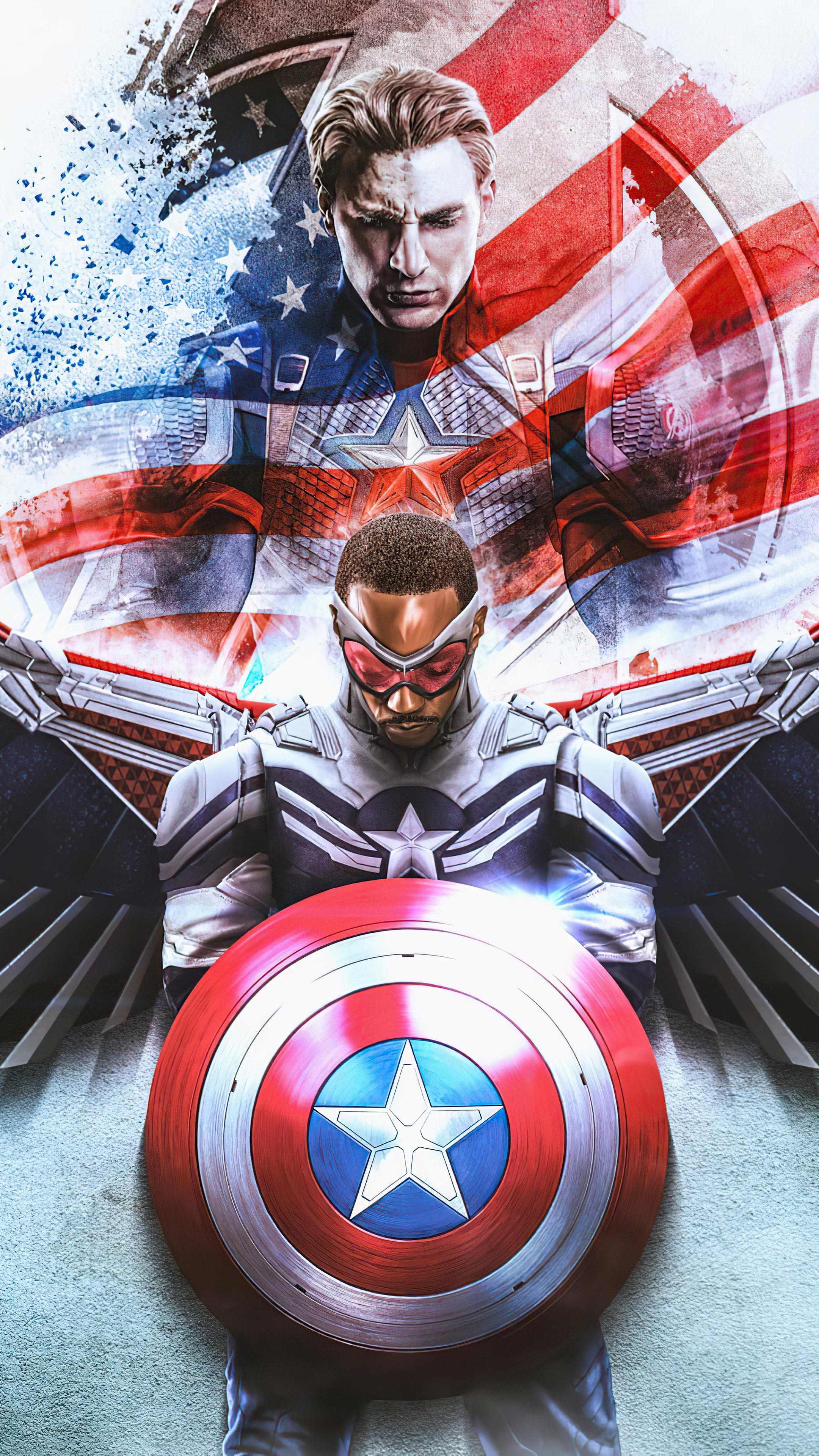 Sam Wilson Captain America, Steve Rogers Captain America, Captain America vibranium shield, stylized American flag, 4K Phone wallpaper