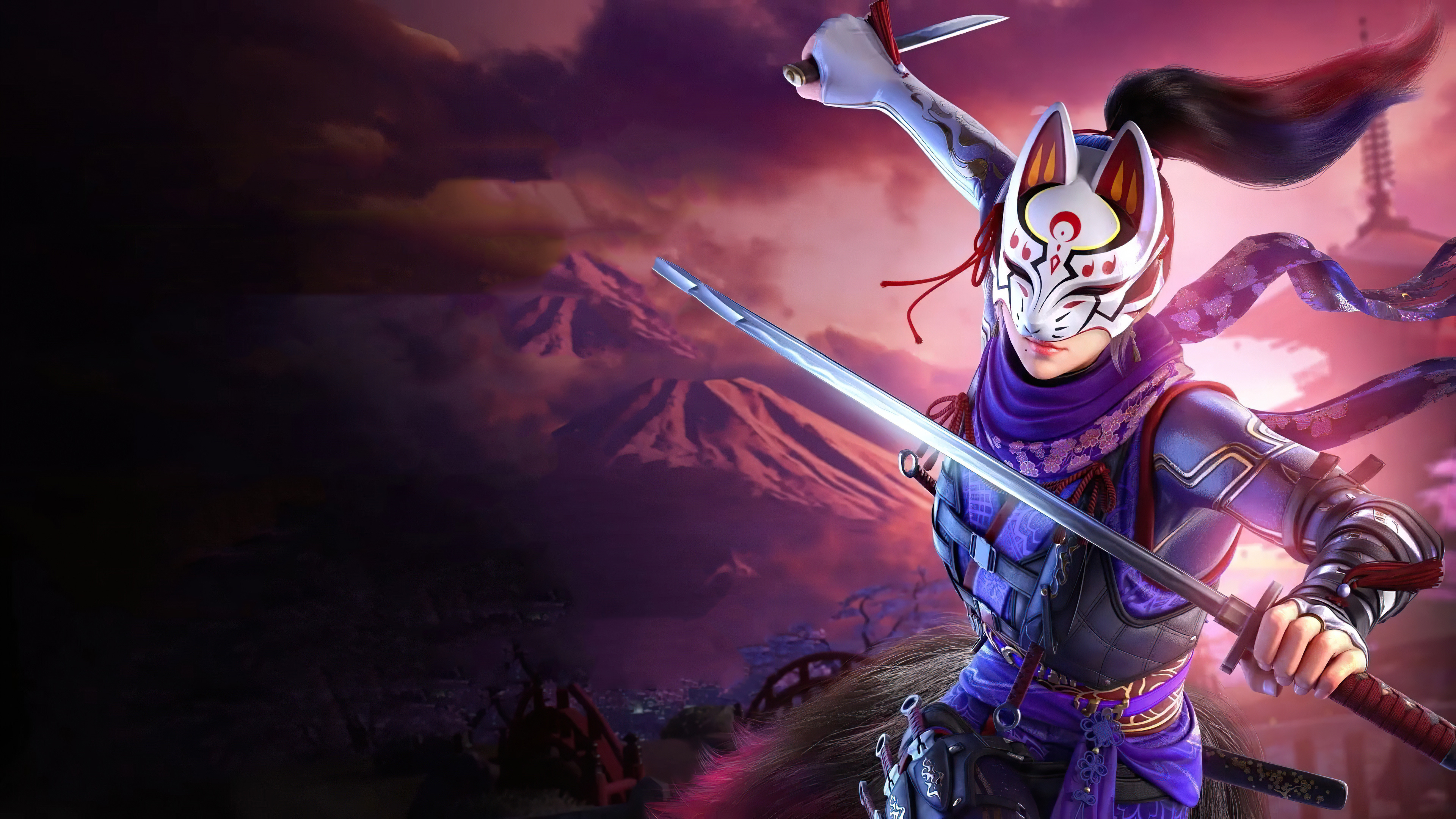 Kunimitsu II, kitsune mask, Mount Fuji, 4K Desktop wallpaper