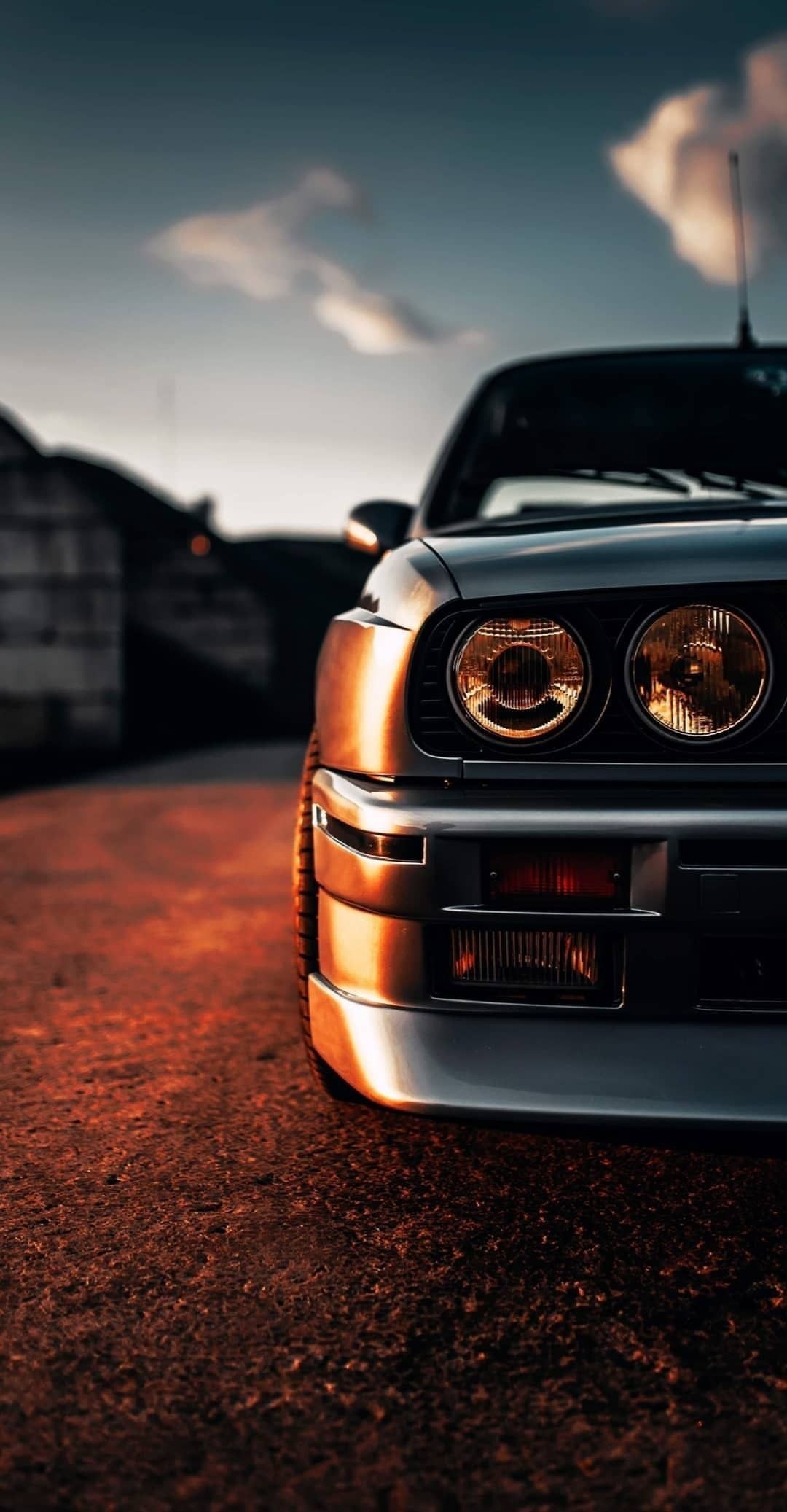 BMW E30 M3, amber round headlights, sunset asphalt road, HD Phone wallpaper