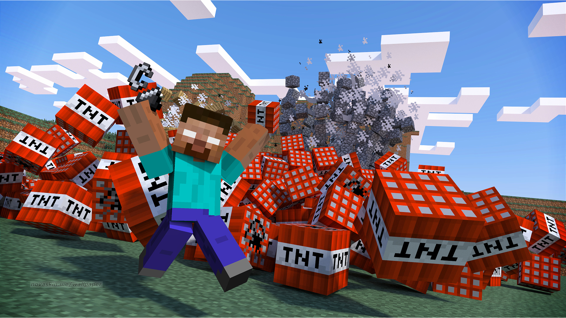 Herobrine with flint and steel, Minecraft TNT block pile, Minecraft explosion, Full HD Desktop wallpaper