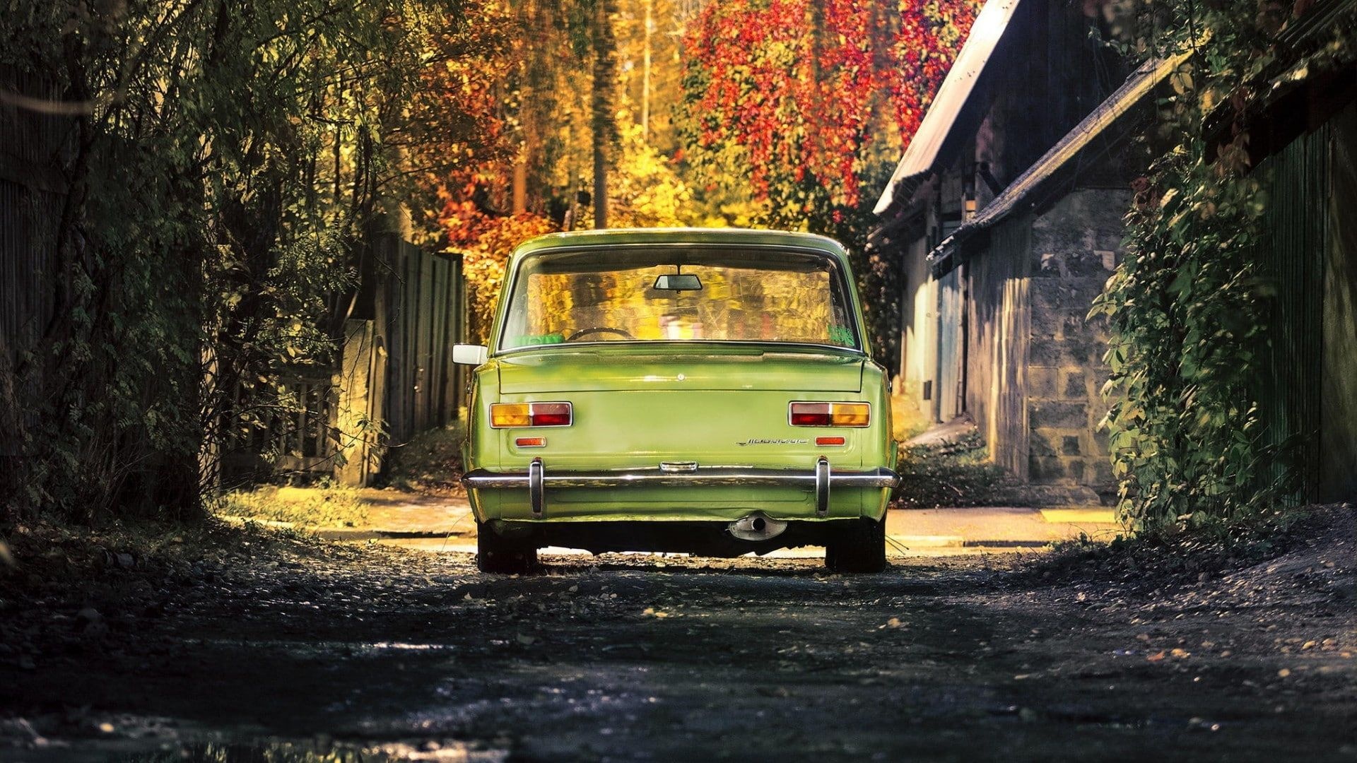 Paykan, vintage green sedan, autumn alley, Full HD Desktop wallpaper