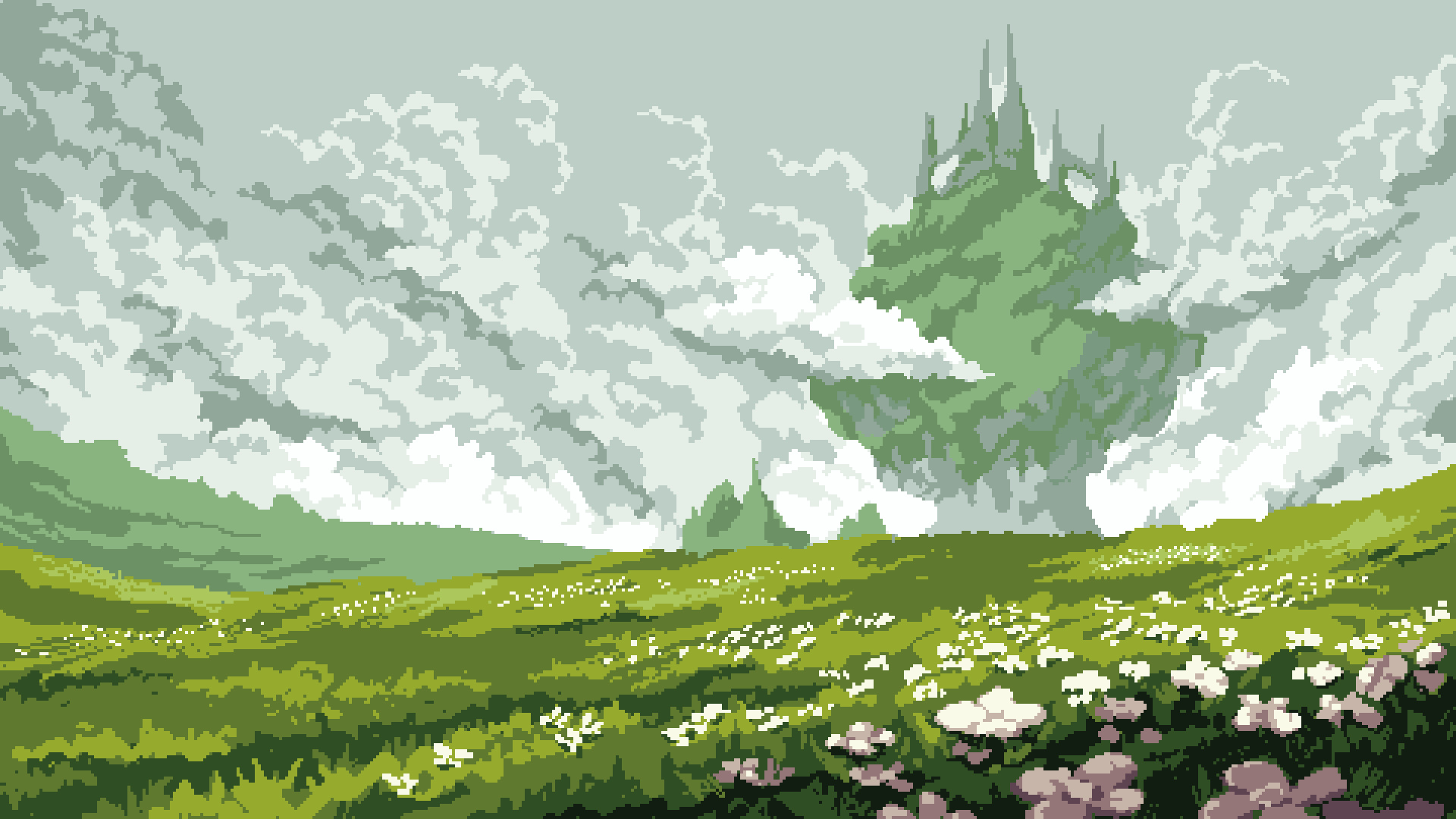floating sky castle, blooming wildflower meadow, pixel art cumulus clouds, Full HD Desktop wallpaper