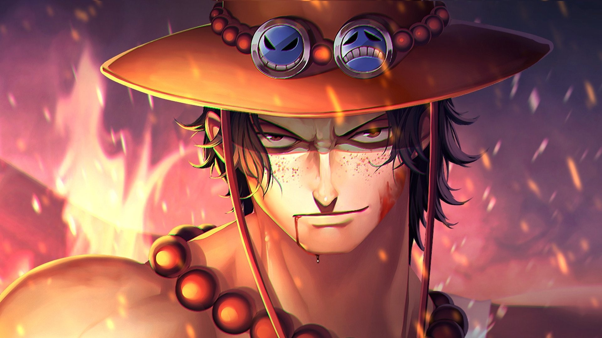 Portgas D. Ace, Ace's orange cowboy hat, blazing fire and sparks, Full HD Desktop wallpaper