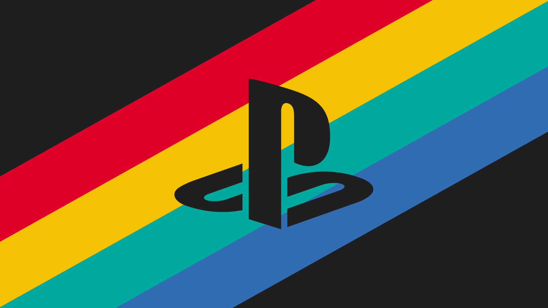 PlayStation logo, Retro diagonal rainbow stripes, Minimalist black backdrop, Full HD Desktop wallpaper