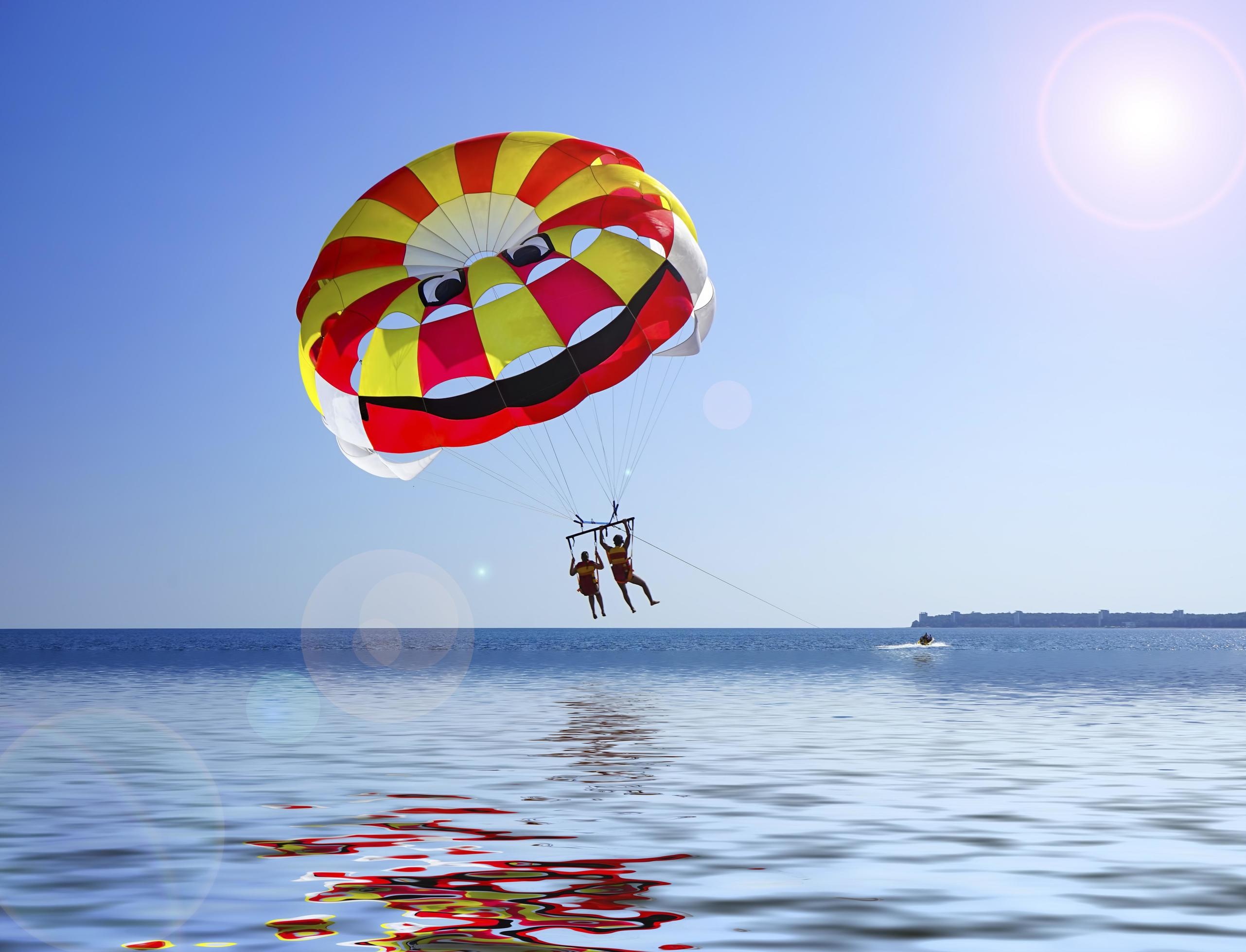 Water sport adventure, Blue sky parasailing, Thrilling stock image, Vector illustration, 2570x1960 HD Desktop