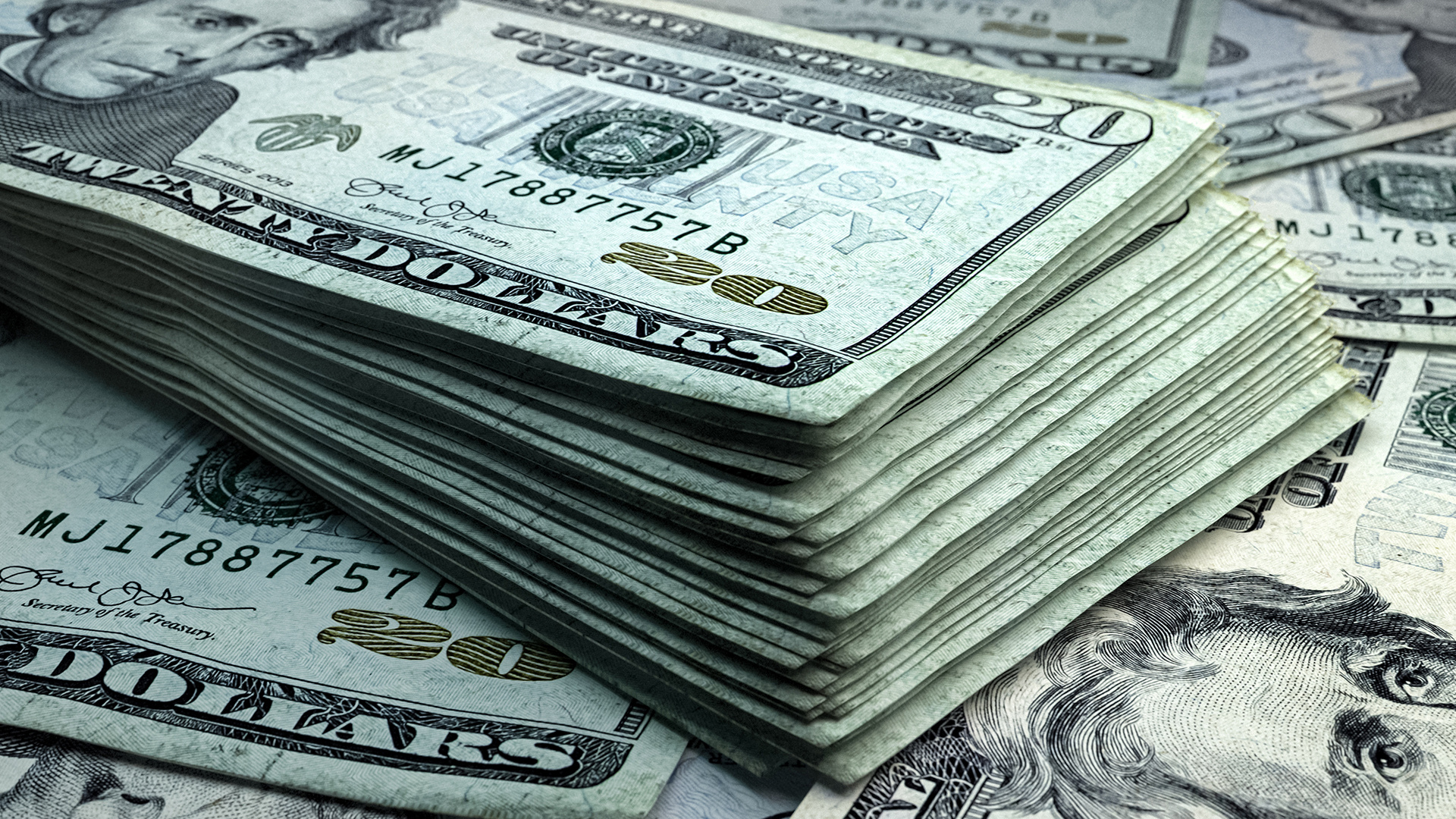 US twenty-dollar bills, Andrew Jackson banknote portrait, Stacked currency banknotes, Full HD Desktop wallpaper