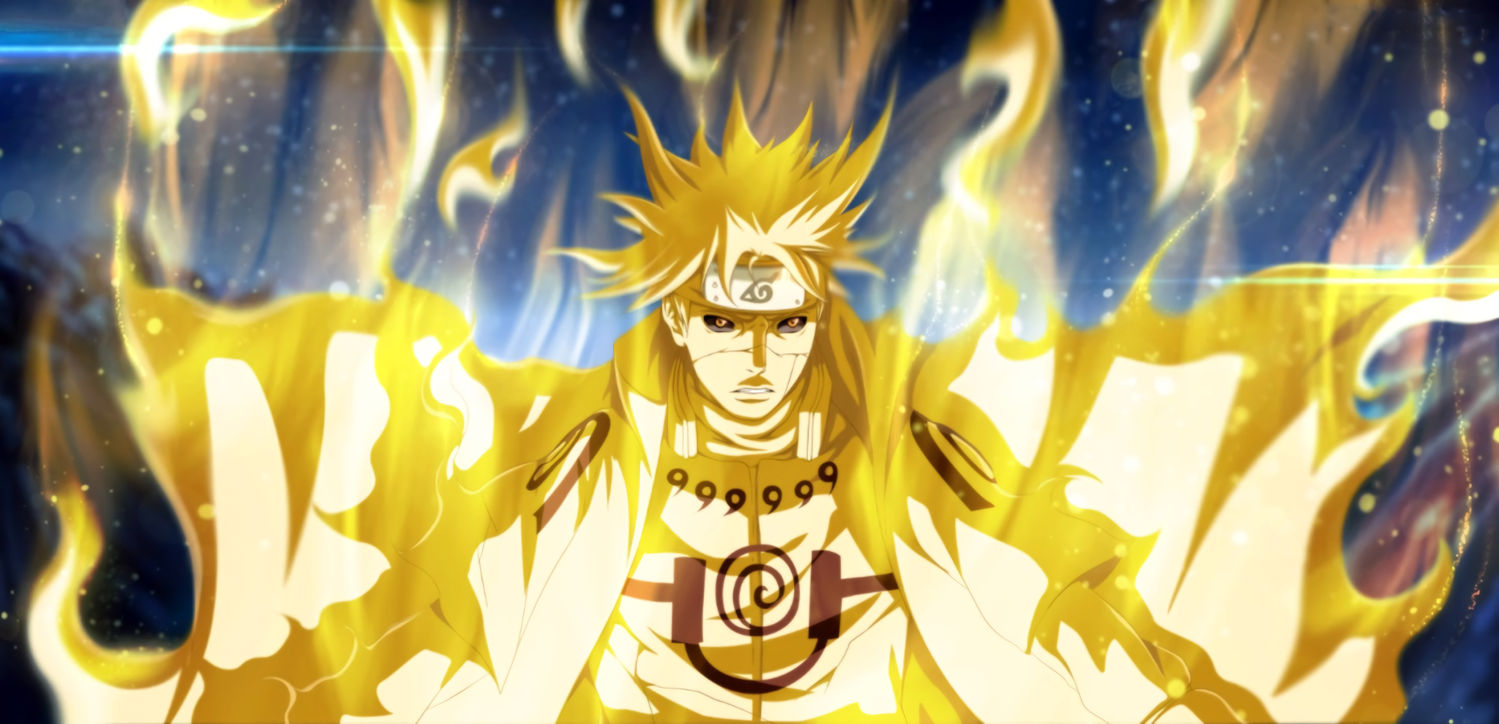 Edo Tensei Minato Namikaze, Kurama Chakra Mode cloak, glowing yellow chakra flames, Dual Screen Desktop wallpaper