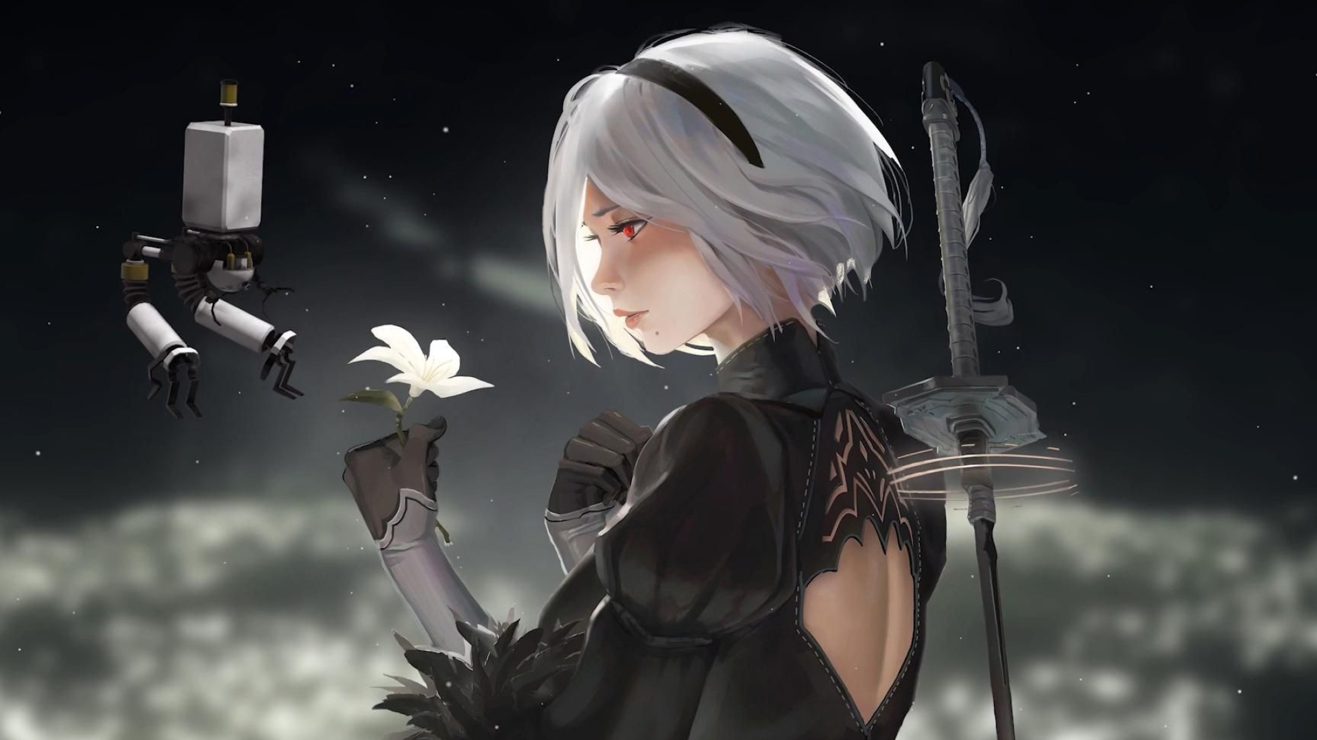 2B YoRHa No.2 Type B, Pod 042, Lunar Tear flower, Virtuous Treaty sword, Full HD Desktop wallpaper