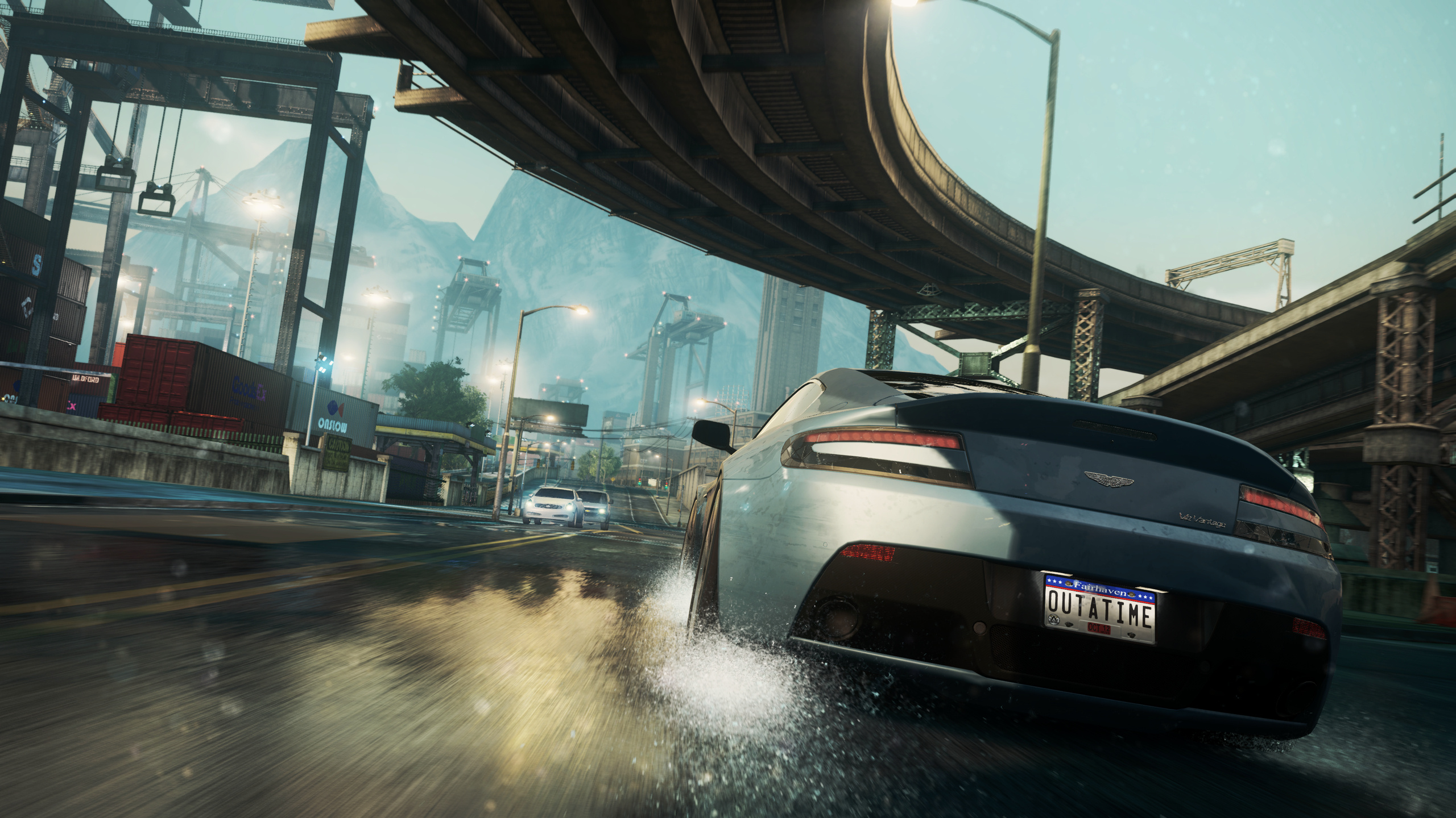 Aston Martin V12 Vantage, OUTATIME license plate, Fairhaven City harbor overpass, HD Desktop wallpaper