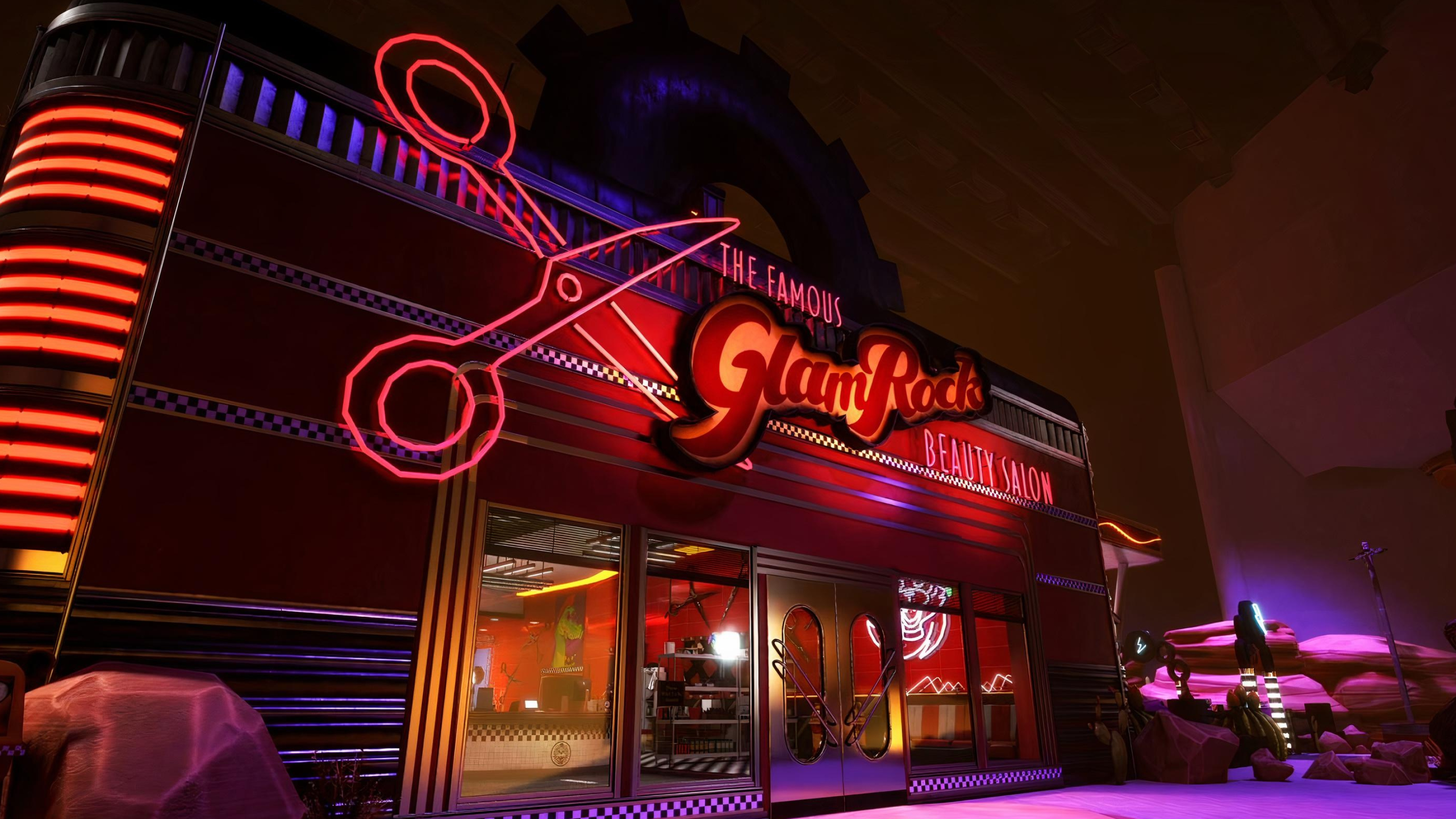 The Famous Glamrock Beauty Salon, Giant neon scissors sign, Freddy Fazbear's Mega Pizzaplex, HD Desktop wallpaper