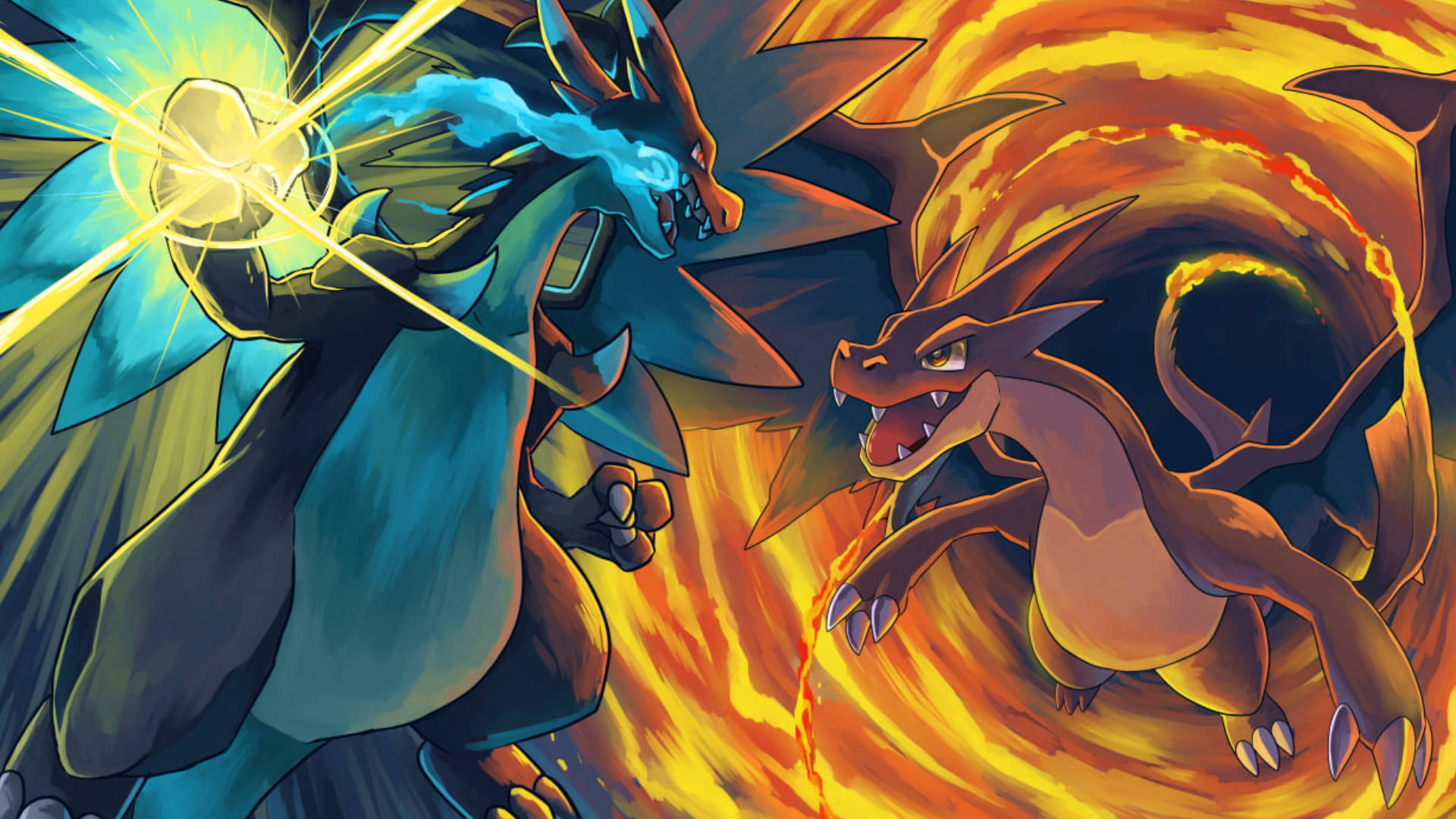 Mega Charizard X, Mega Charizard Y, Swirling fire vortex, Full HD Desktop wallpaper