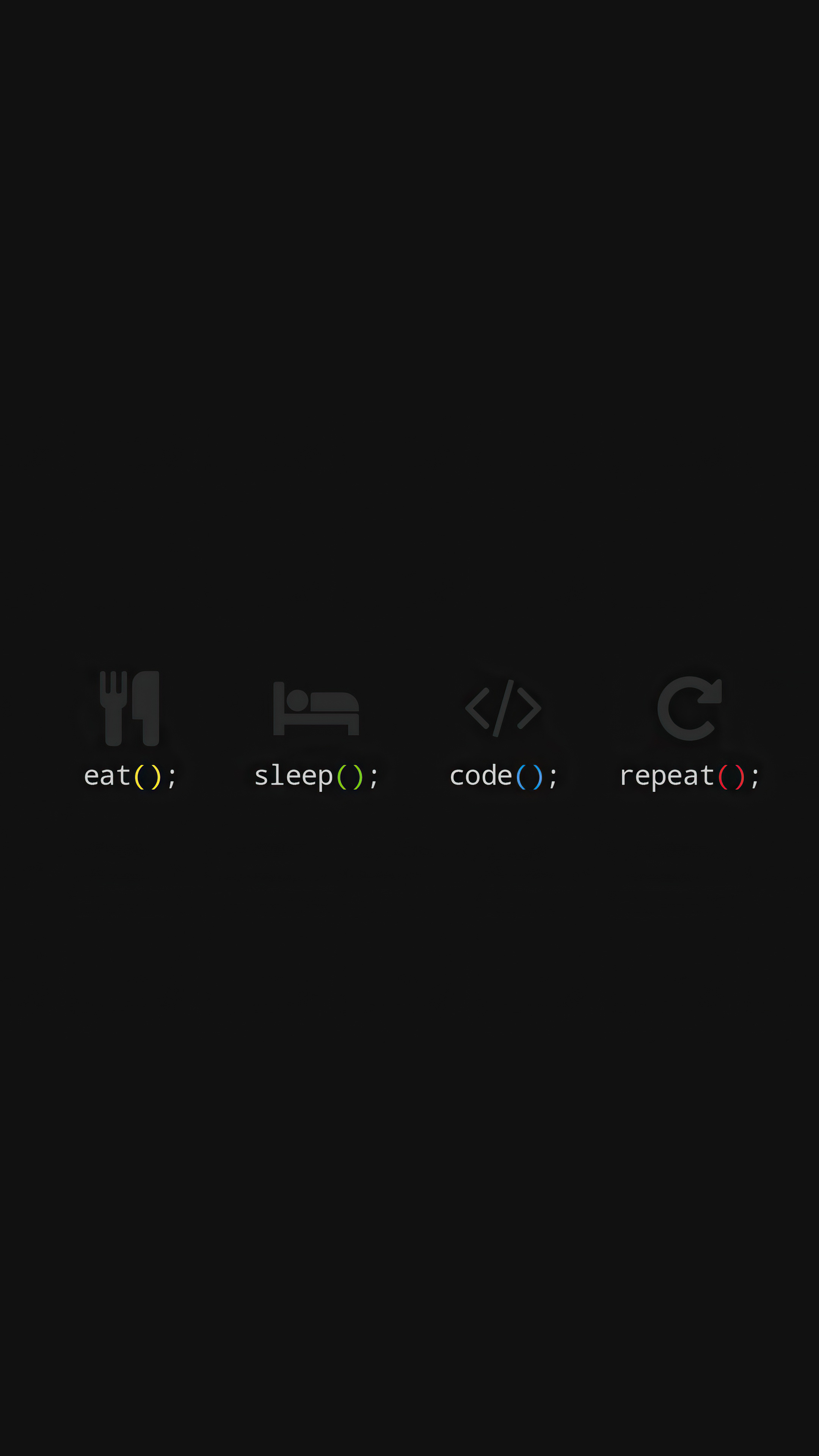 eat(); sleep(); code(); repeat();, developer routine icons, minimalist black dark theme, 4K Phone wallpaper