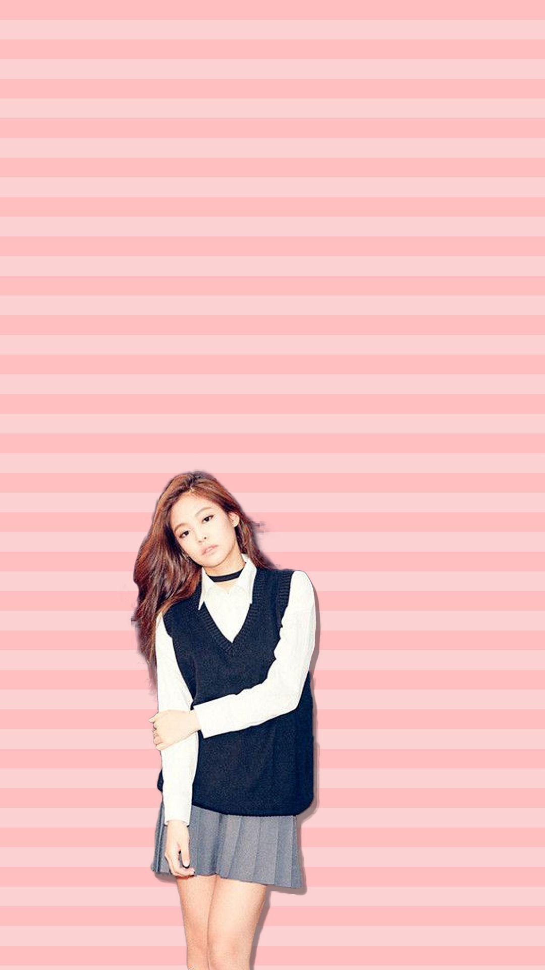 Jennie Kim, navy sweater vest, pink horizontal stripes, Full HD Phone wallpaper