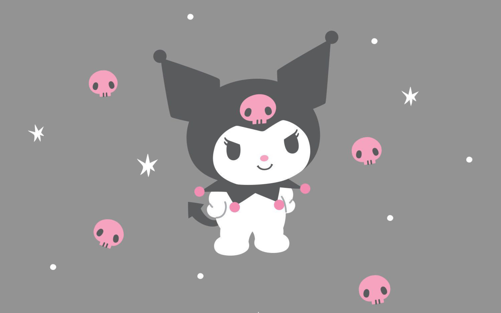 Kuromi, pink skull icons, gray starry backdrop, HD Desktop wallpaper
