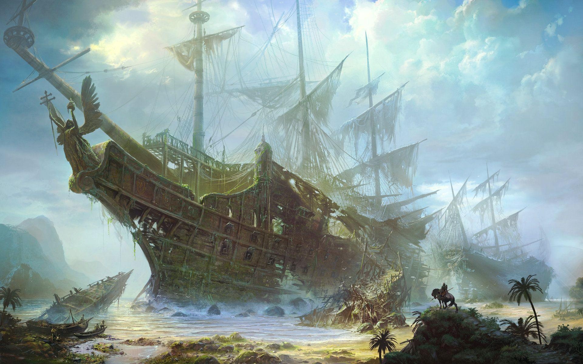 Beached galleon shipwreck, Winged angel figurehead, Mounted rider on shoreline, HD Desktop wallpaper