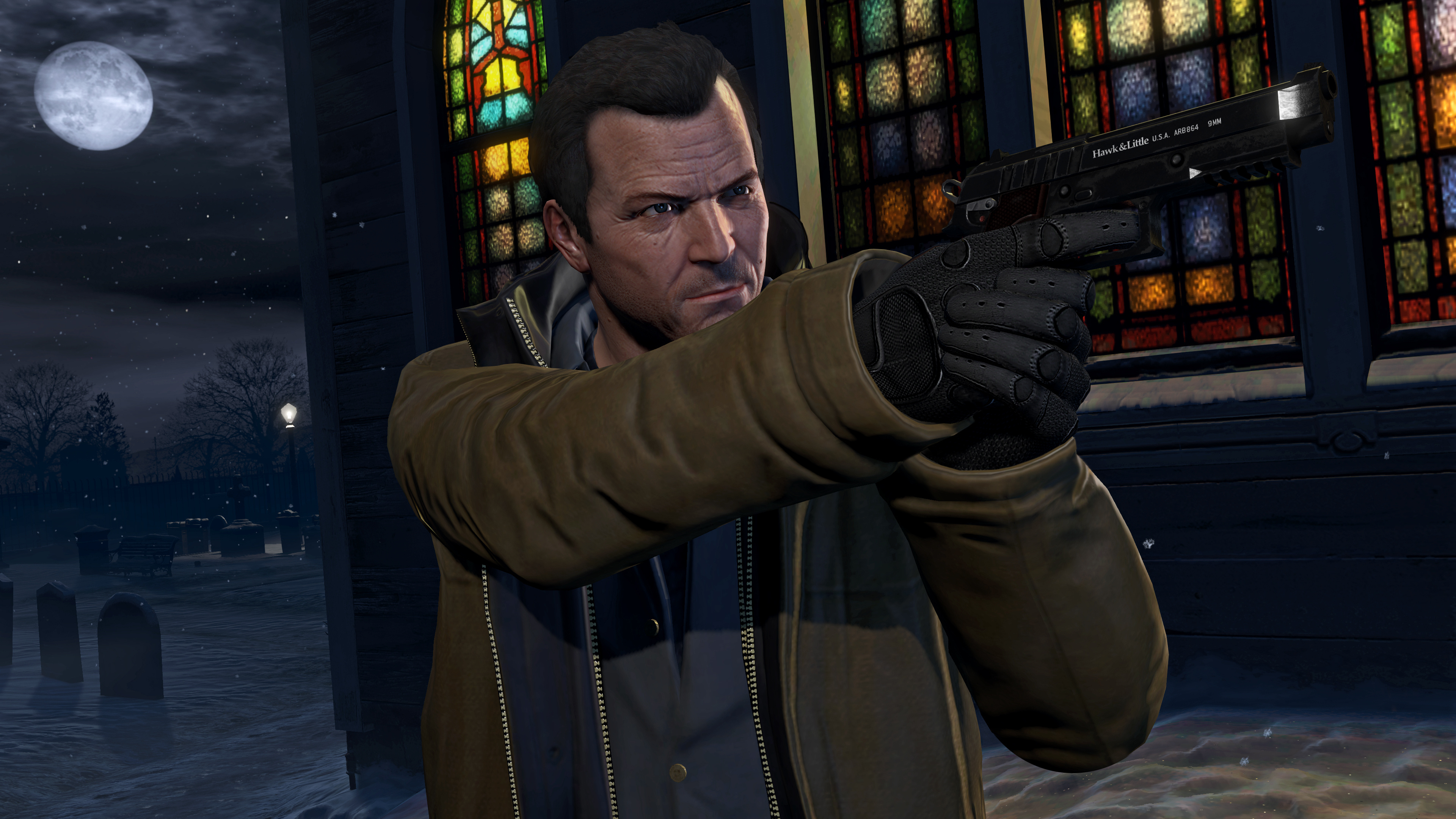 Michael De Santa aiming pistol, North Yankton snowy cemetery, Stained glass church windows, Grand Theft Auto V render, 4K Desktop wallpaper
