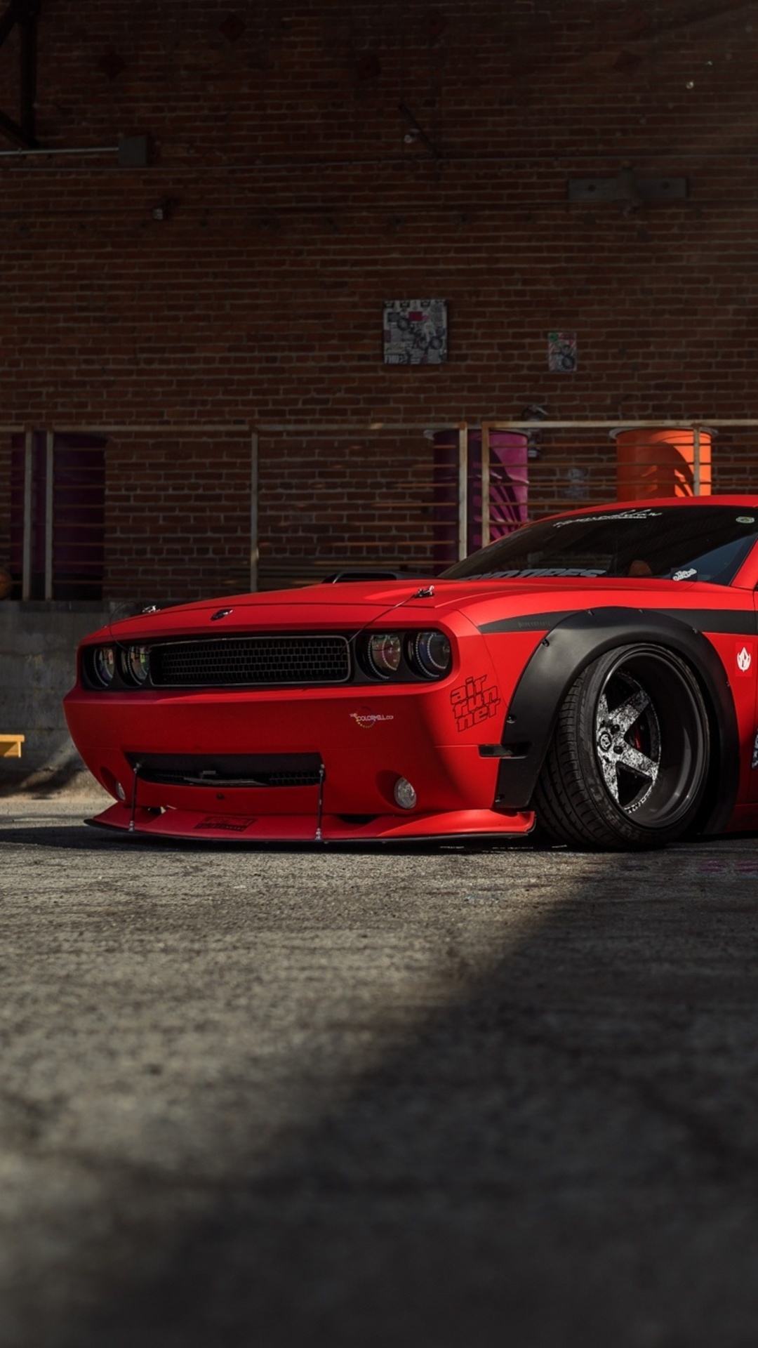widebody Dodge Challenger, air runner decal, deep dish aftermarket wheels, Full HD Phone wallpaper