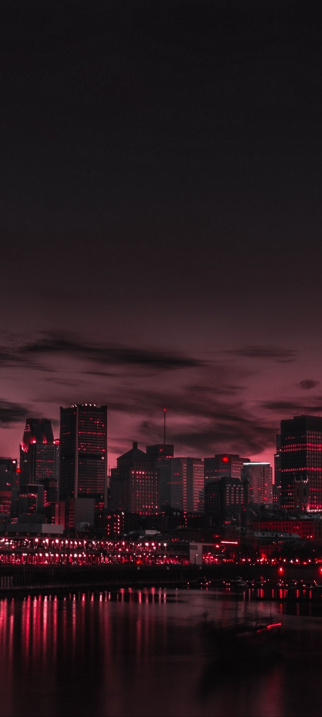 illuminated waterfront skyline, red harbor reflections, dark crimson night sky, HD Phone wallpaper