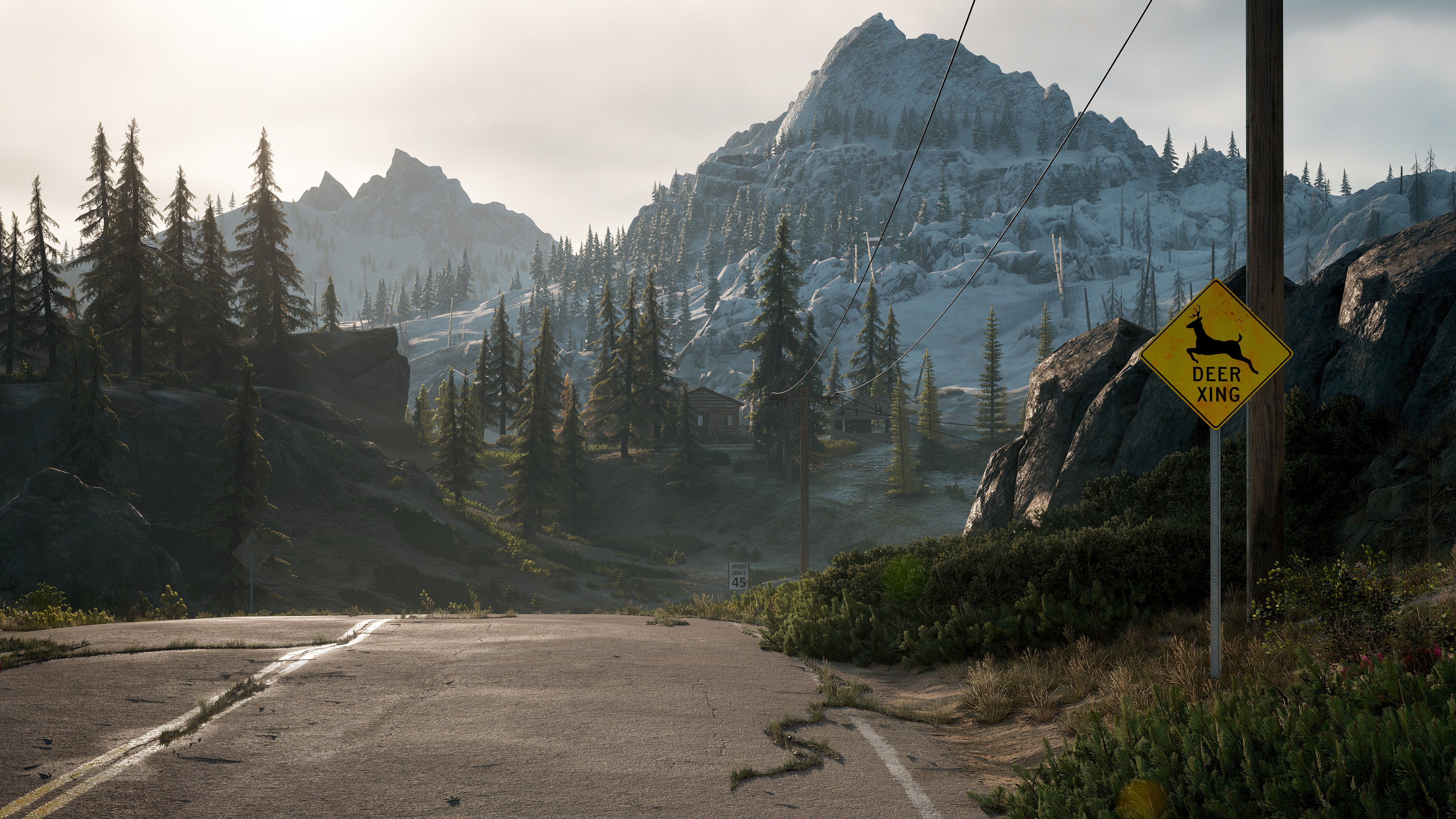 DEER XING road sign, snow-capped mountain peaks, cracked asphalt mountain road, 4K Desktop wallpaper