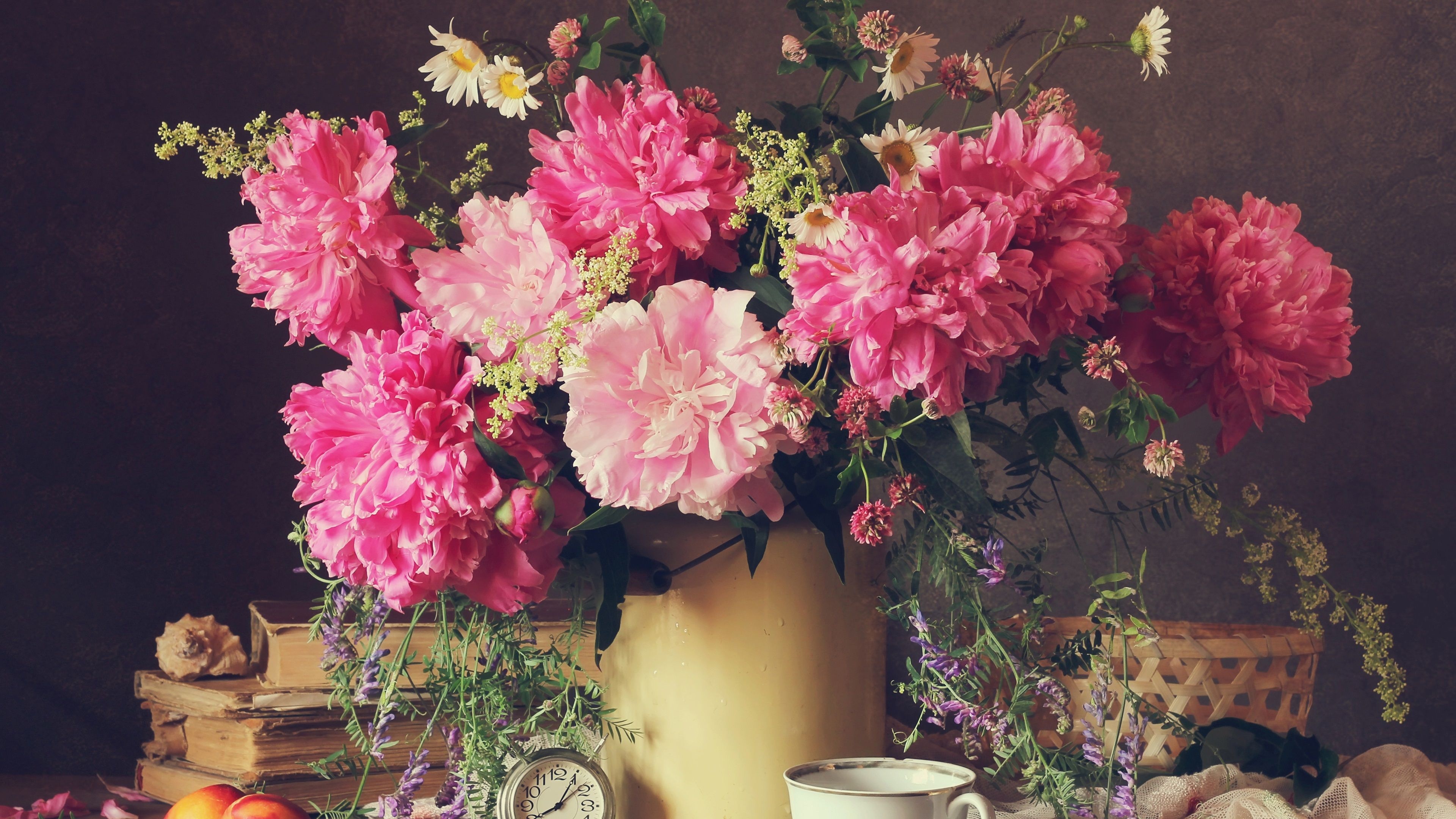 Pink peony bouquet, White daisy blooms, Stack of antique books, Vintage alarm clock, Cream ceramic jug, 4K Desktop wallpaper