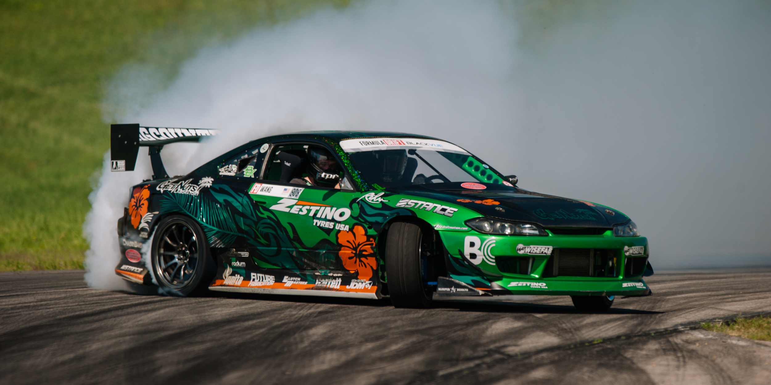 Nissan Silvia S15, ZESTINO TYRES USA, drifting tire smoke, Dual Screen Desktop wallpaper