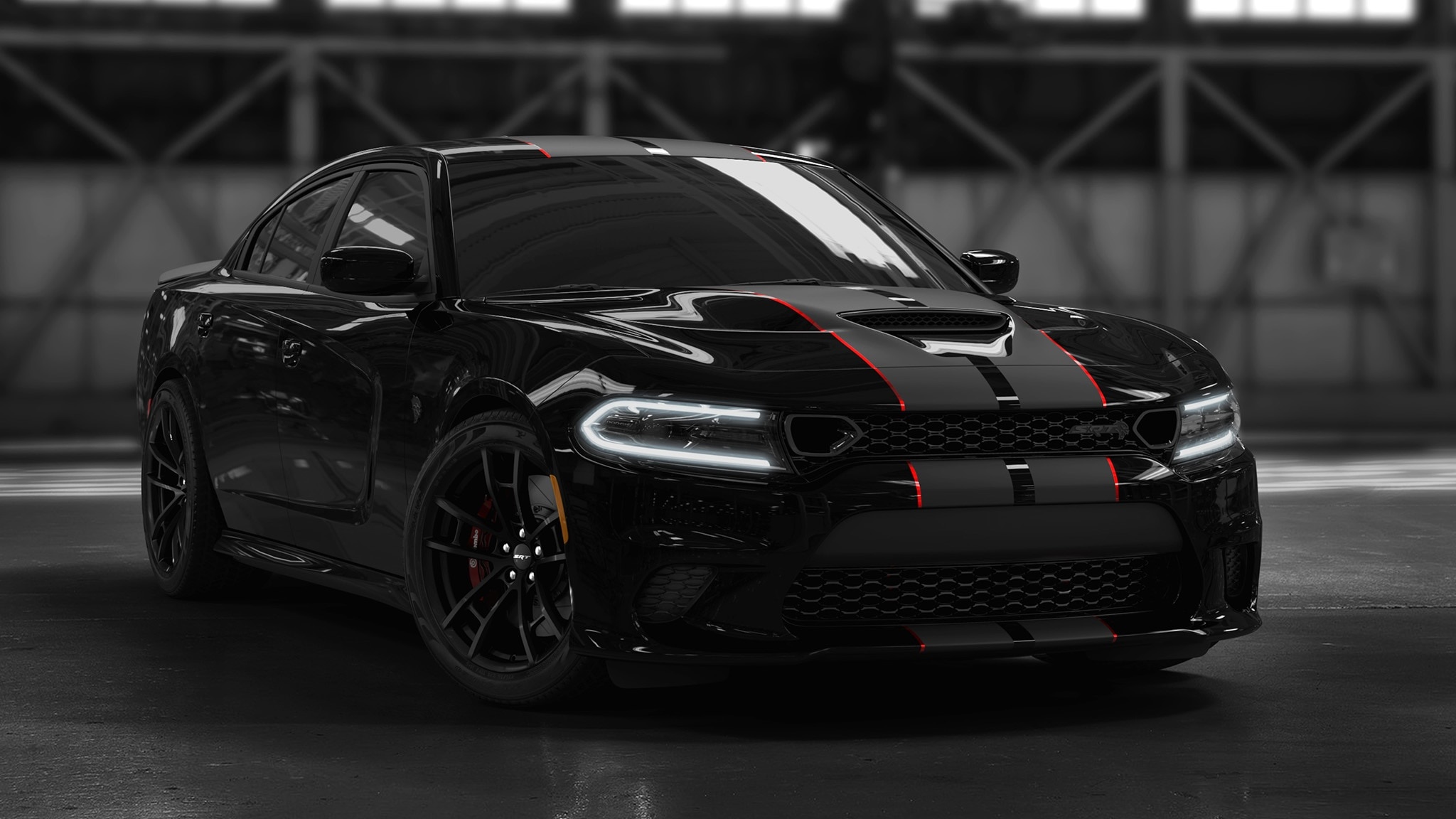 Dodge Charger SRT Hellcat, red-accented racing stripes, dark industrial garage, HD Desktop wallpaper