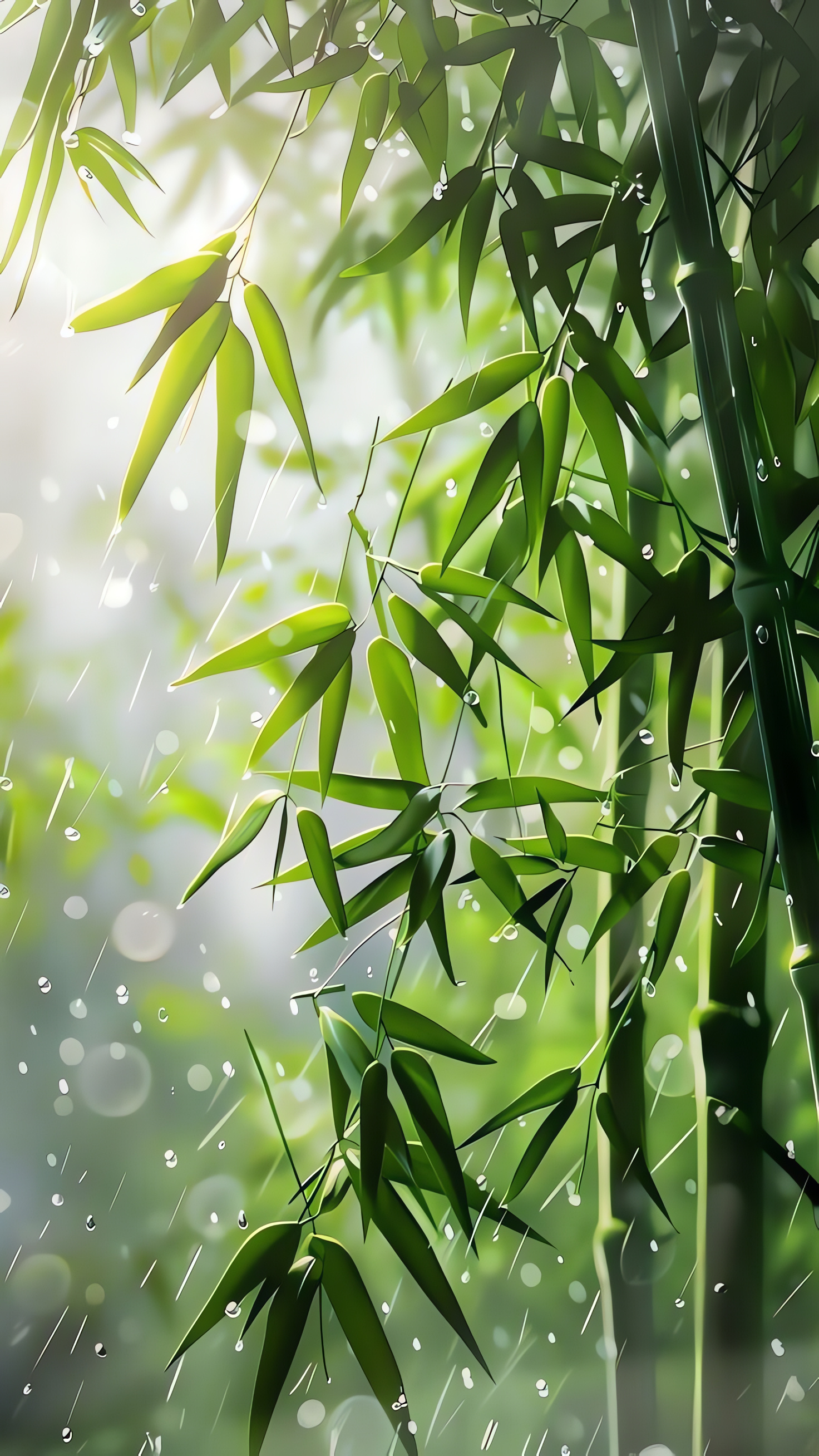 Bamboo, Nature, Green Leaves, Rain, AI, Phone, 1480x2620p