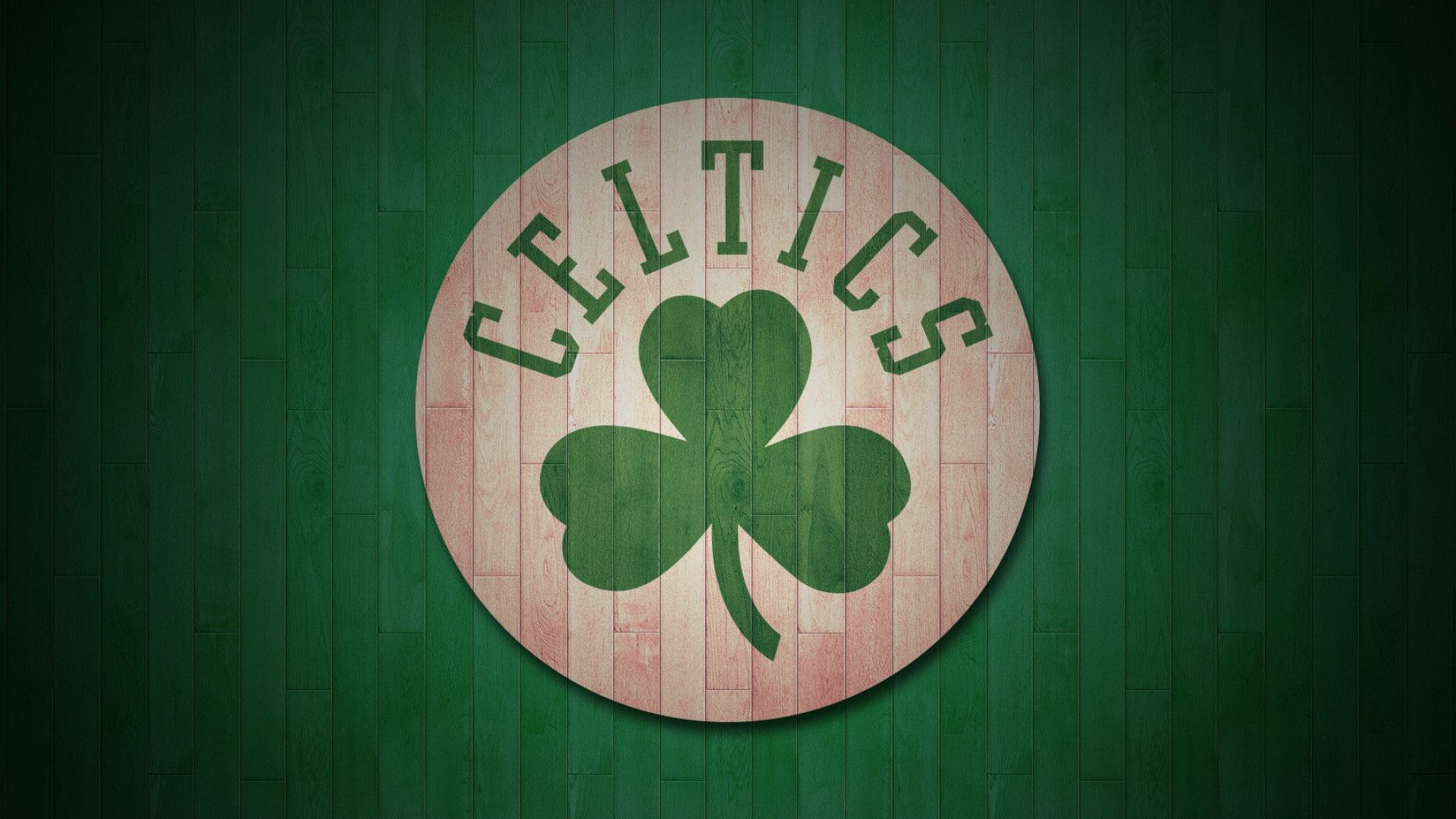 Boston Celtics roundel logo, Green shamrock emblem, Green hardwood court backdrop, Full HD Desktop wallpaper