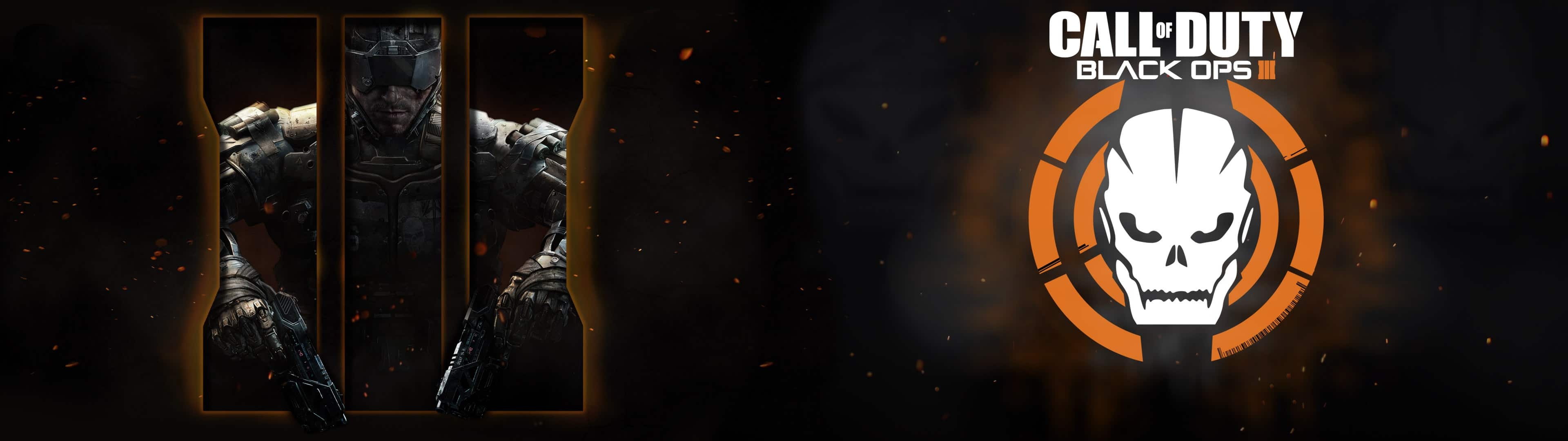 Call of Duty: Black Ops III logo, Cybernetic soldier Roman numeral III, Orange circular skull emblem, Dual Screen Desktop wallpaper