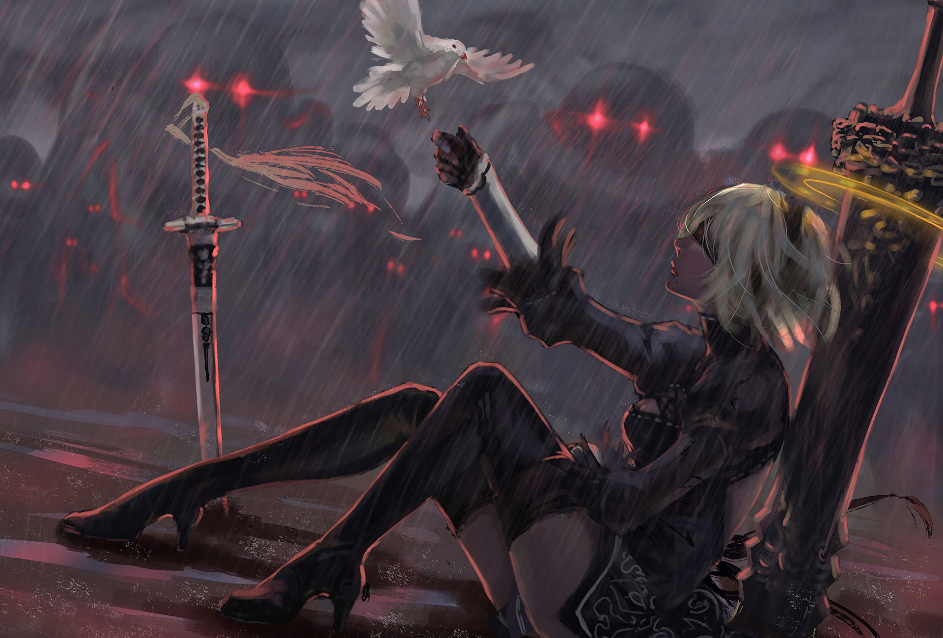 2B from NieR: Automata, Virtuous Contract sword, Machine lifeforms, Flying white dove, HD Desktop wallpaper