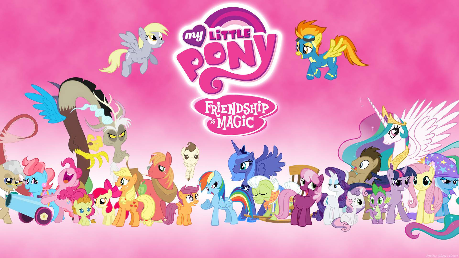 My Little Pony: Friendship is Magic logo, Princess Celestia and Princess Luna, Twilight Sparkle and Mane Six, Discord character, Pink gradient backdrop, Full HD Desktop wallpaper