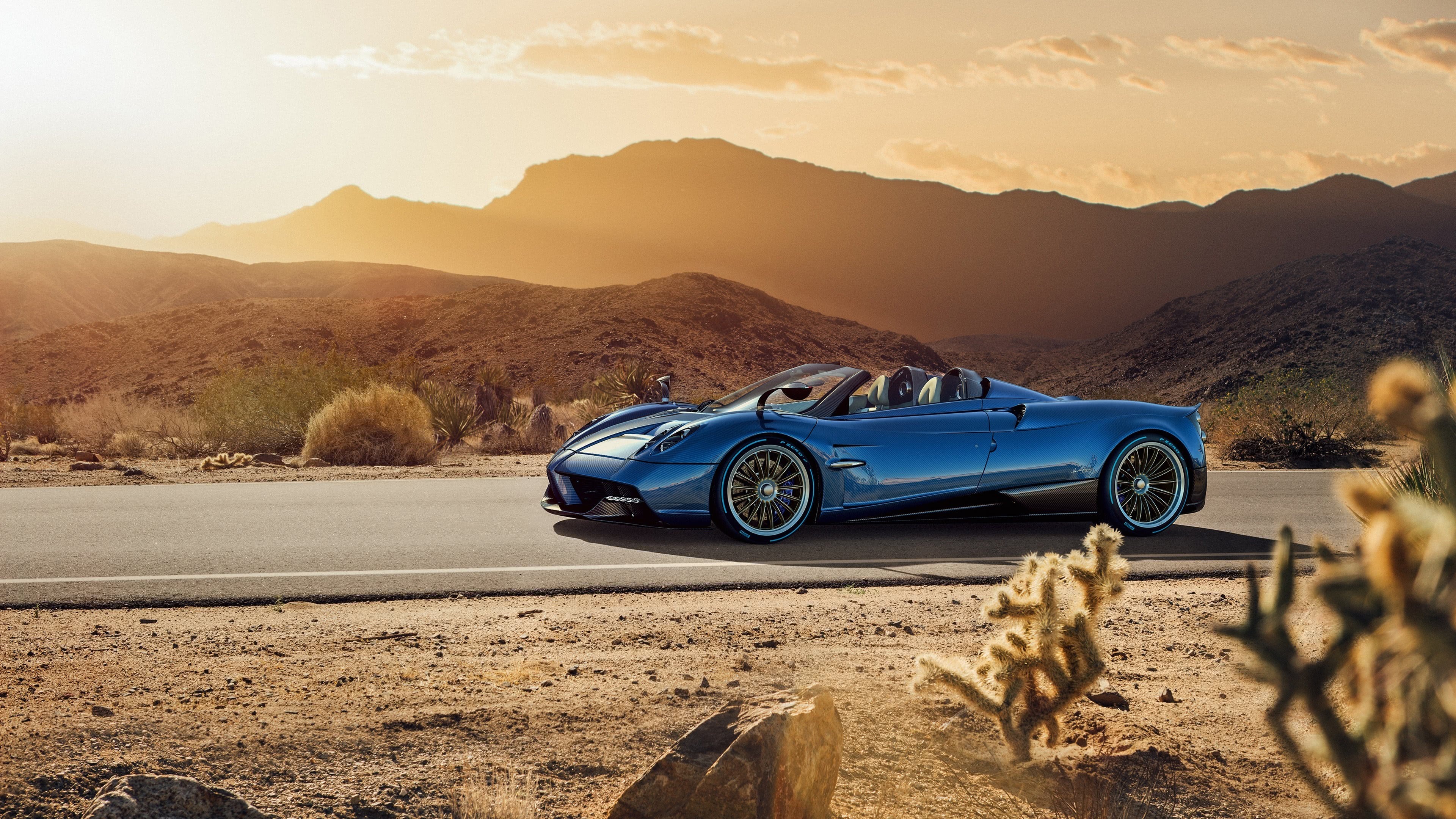 Pagani Huayra Roadster, Desert highway road, Golden hour mountain range, 4K Desktop wallpaper