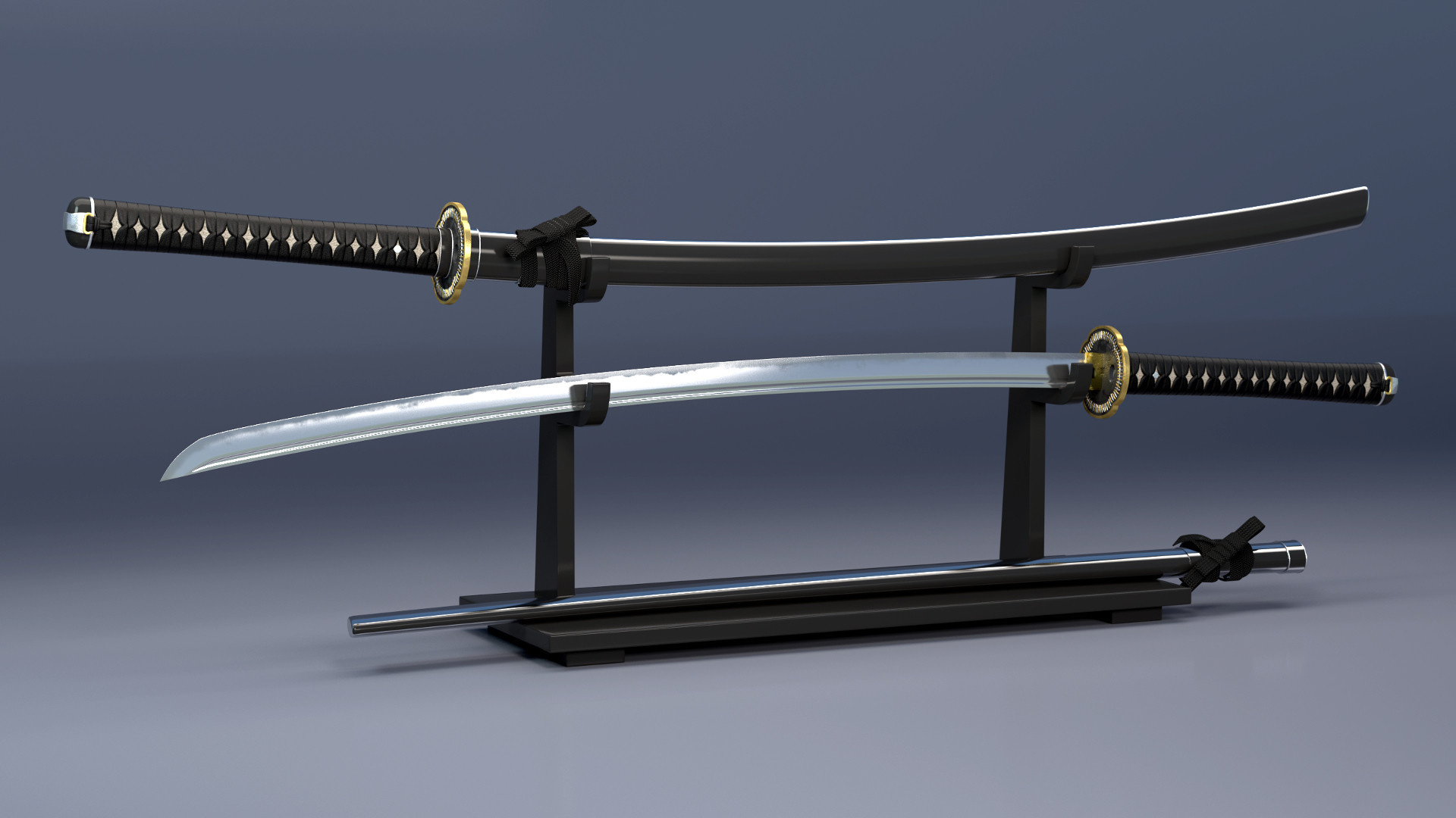 Japanese Katana sword, Black katanakake stand, Black lacquer saya, Full HD Desktop wallpaper