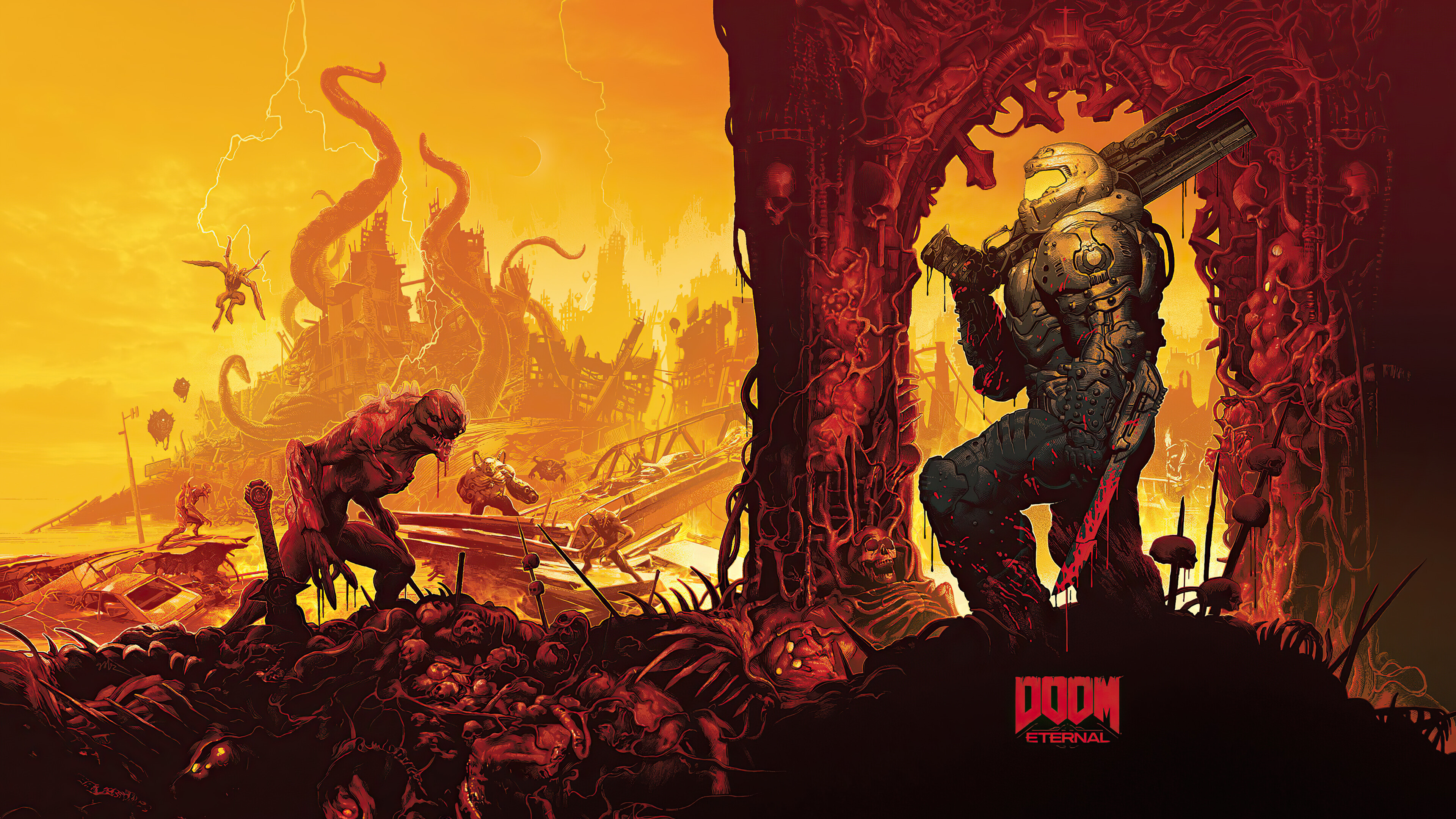 Doom Slayer, DOOM Eternal logo, Hell on Earth landscape, crouching demon Imp, 4K Desktop wallpaper