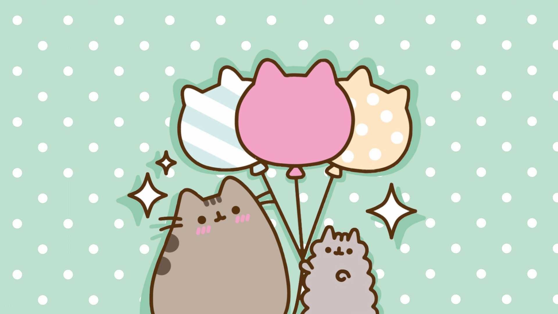 Pusheen cat, Stormy kitten, Cat-shaped pastel balloons, Mint green polka dot background, Full HD Desktop wallpaper