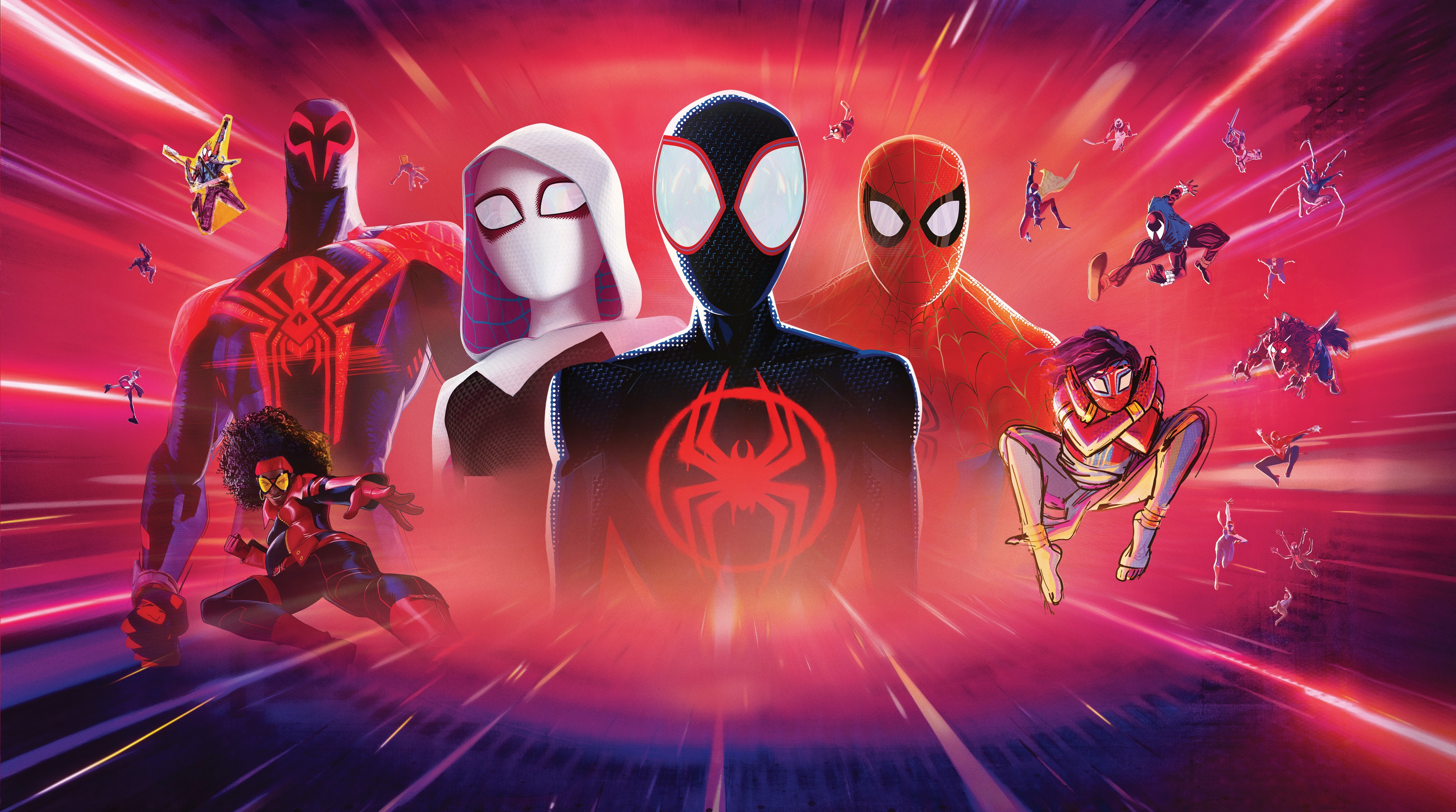 Across the Spider-Verse, Spider-Man 2099 (Miguel O'Hara), Miles Morales, Spider-Gwen (Gwen Stacy), Red radiating light streaks, Red chest spider emblem, HD Desktop wallpaper