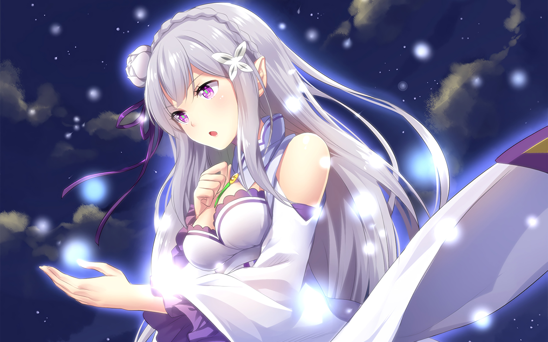 Emilia from Re:Zero, Glowing spirit orbs, Starry night sky, HD Desktop wallpaper
