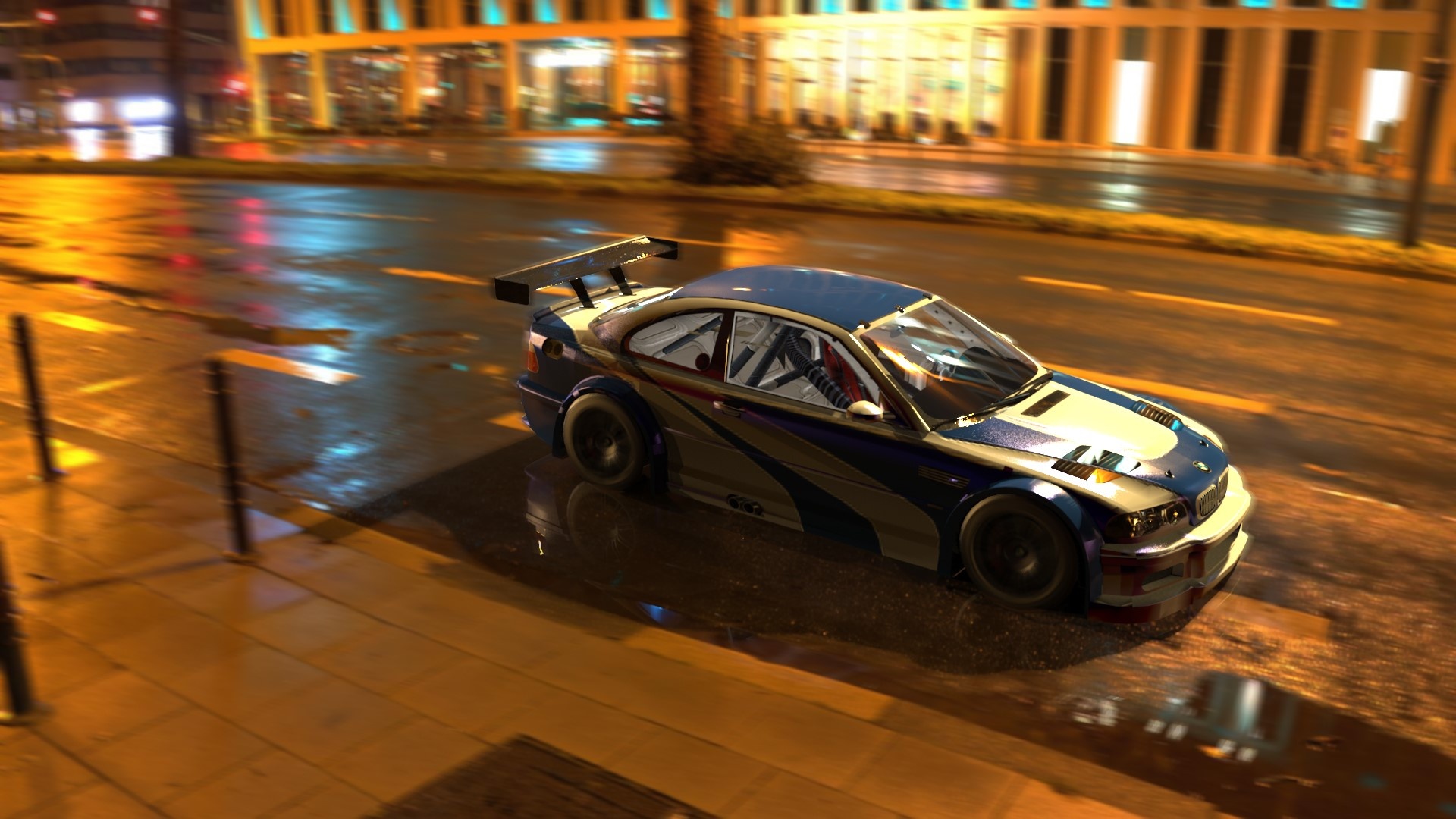 BMW M3 GTR E46, wet asphalt street, night city streetlights, Full HD Desktop wallpaper