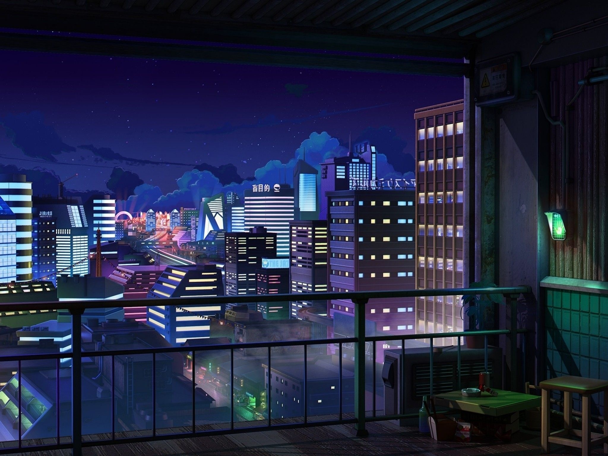 cyberpunk anime city skyline, apartment balcony overlook, illuminated neon skyscrapers, HD Desktop wallpaper