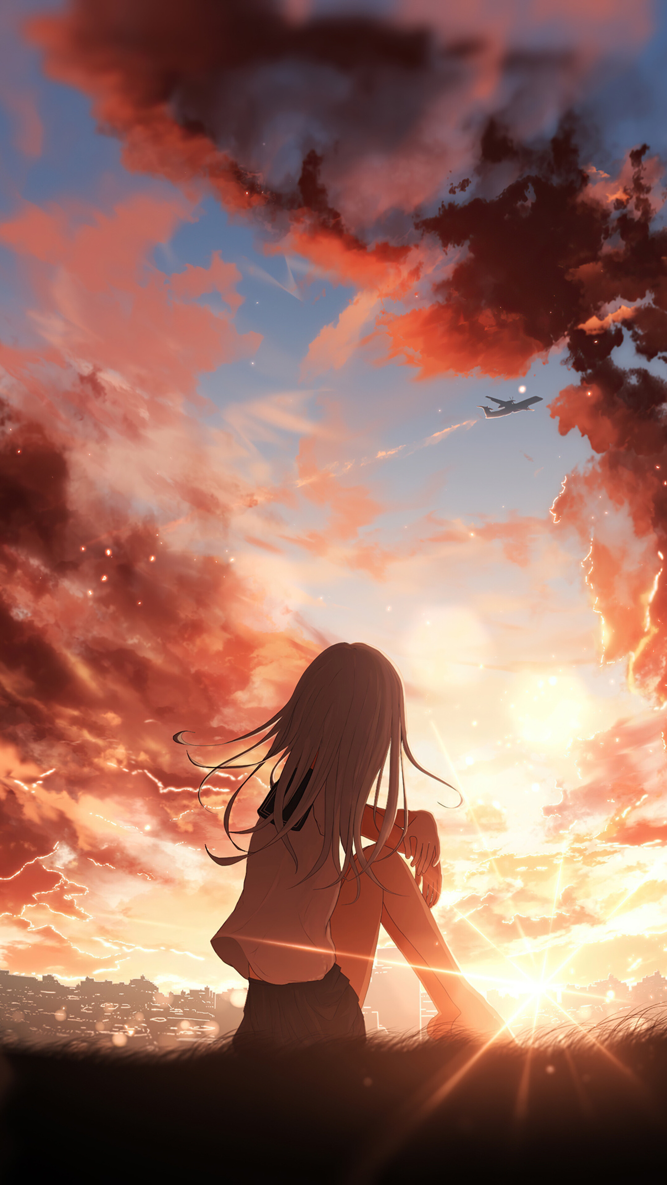 Anime girl, Sunset scenery, Ethereal beauty, Serene atmosphere, 2160x3840 4K Phone