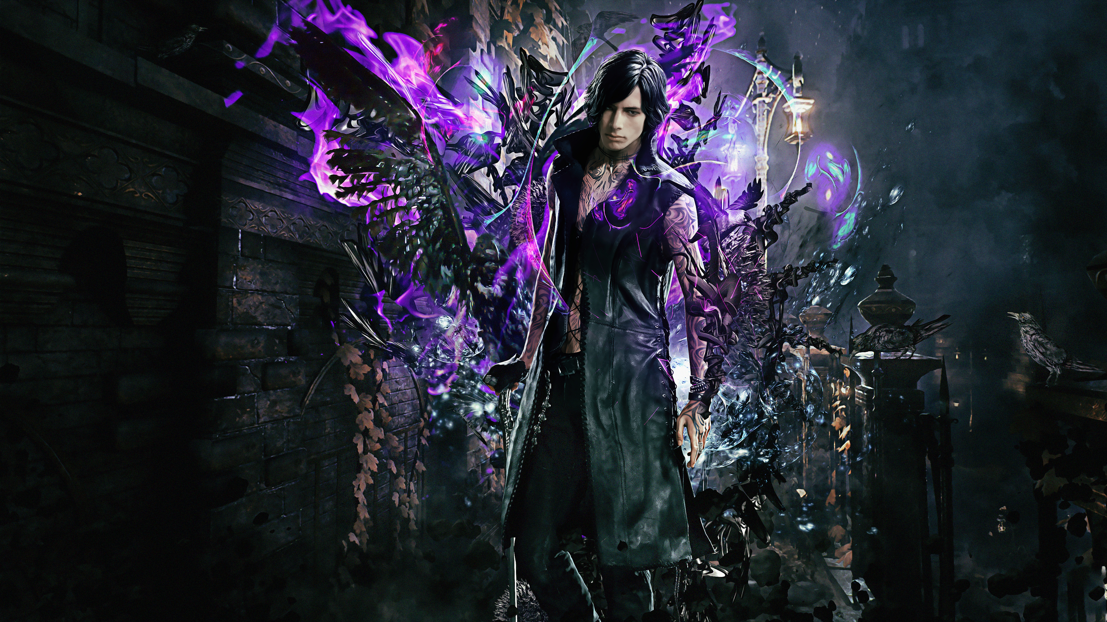 V Devil May Cry 5, purple demonic aura, gothic city street, 4K Desktop wallpaper