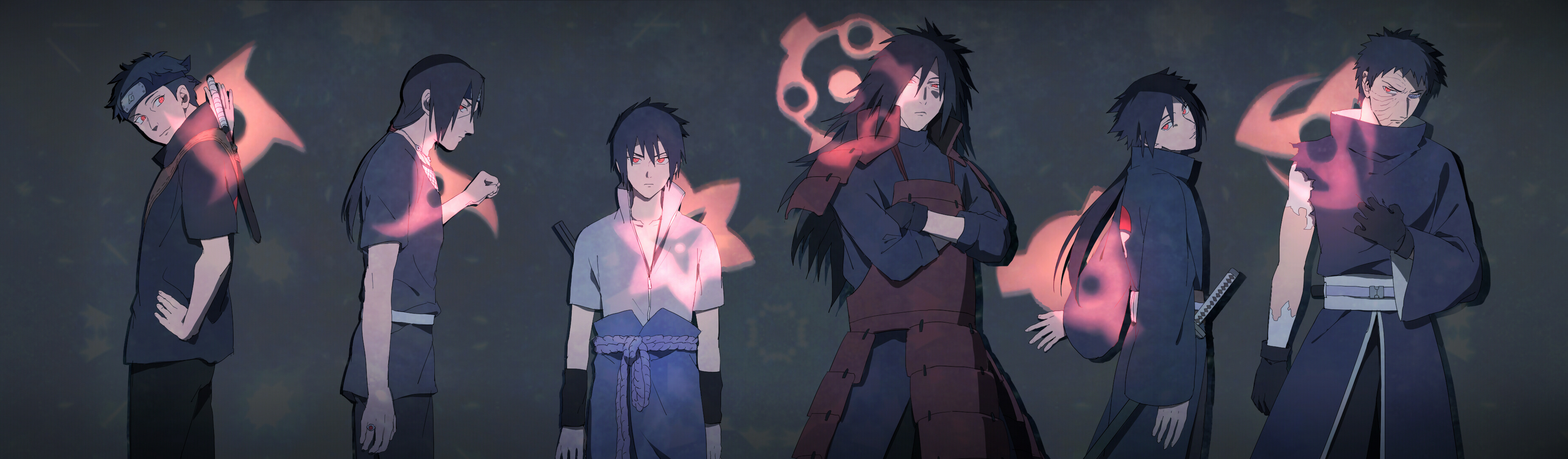 Shisui Uchiha, Itachi Uchiha, Sasuke Uchiha, Madara Uchiha, Obito Uchiha, Dual Screen Desktop wallpaper