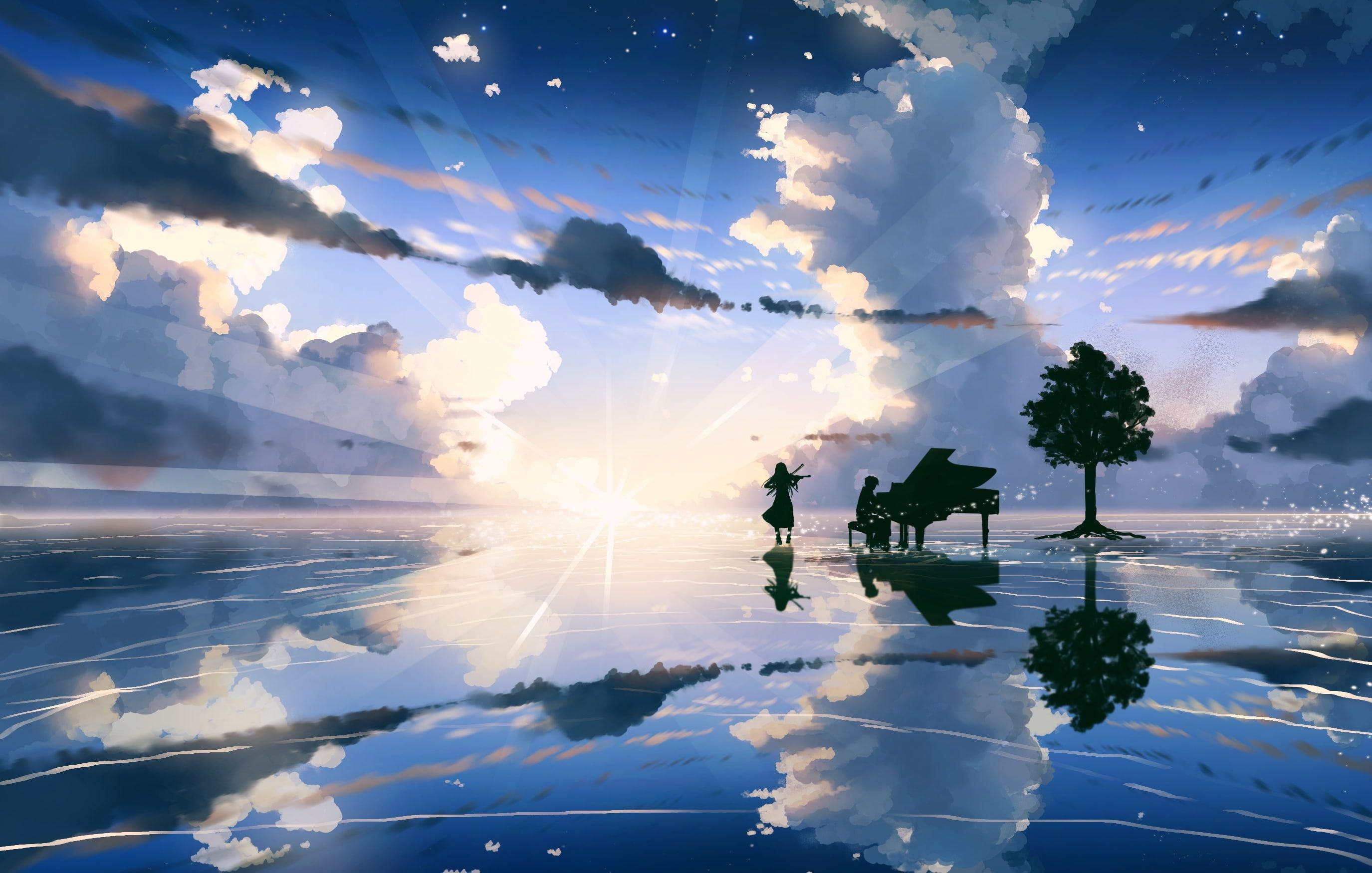 Kaori Miyazono silhouette, Kousei Arima piano silhouette, Sky reflection on water, HD Desktop wallpaper