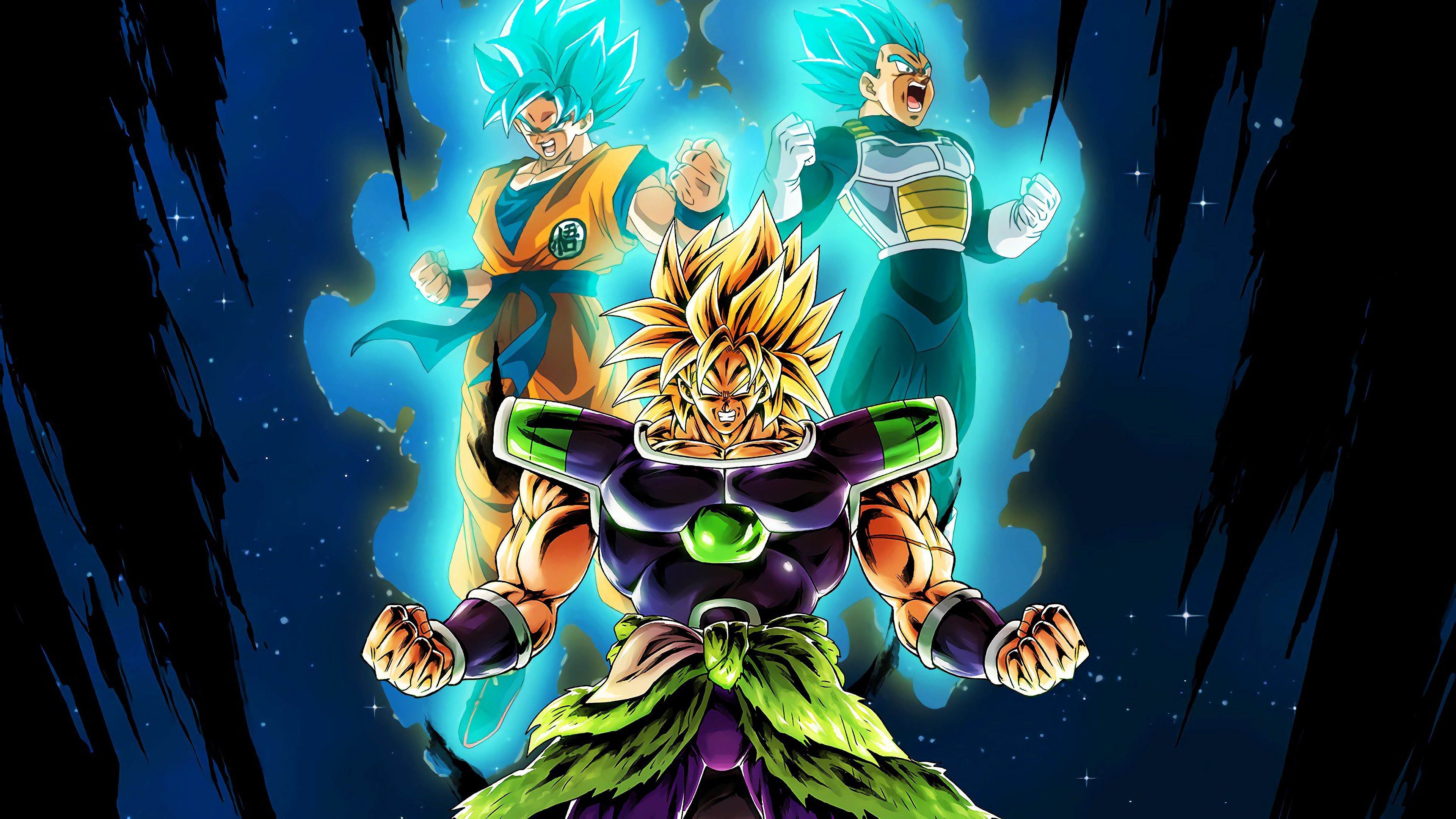Super Saiyan Broly, Super Saiyan Blue Goku, Super Saiyan Blue Vegeta, 4K Desktop wallpaper